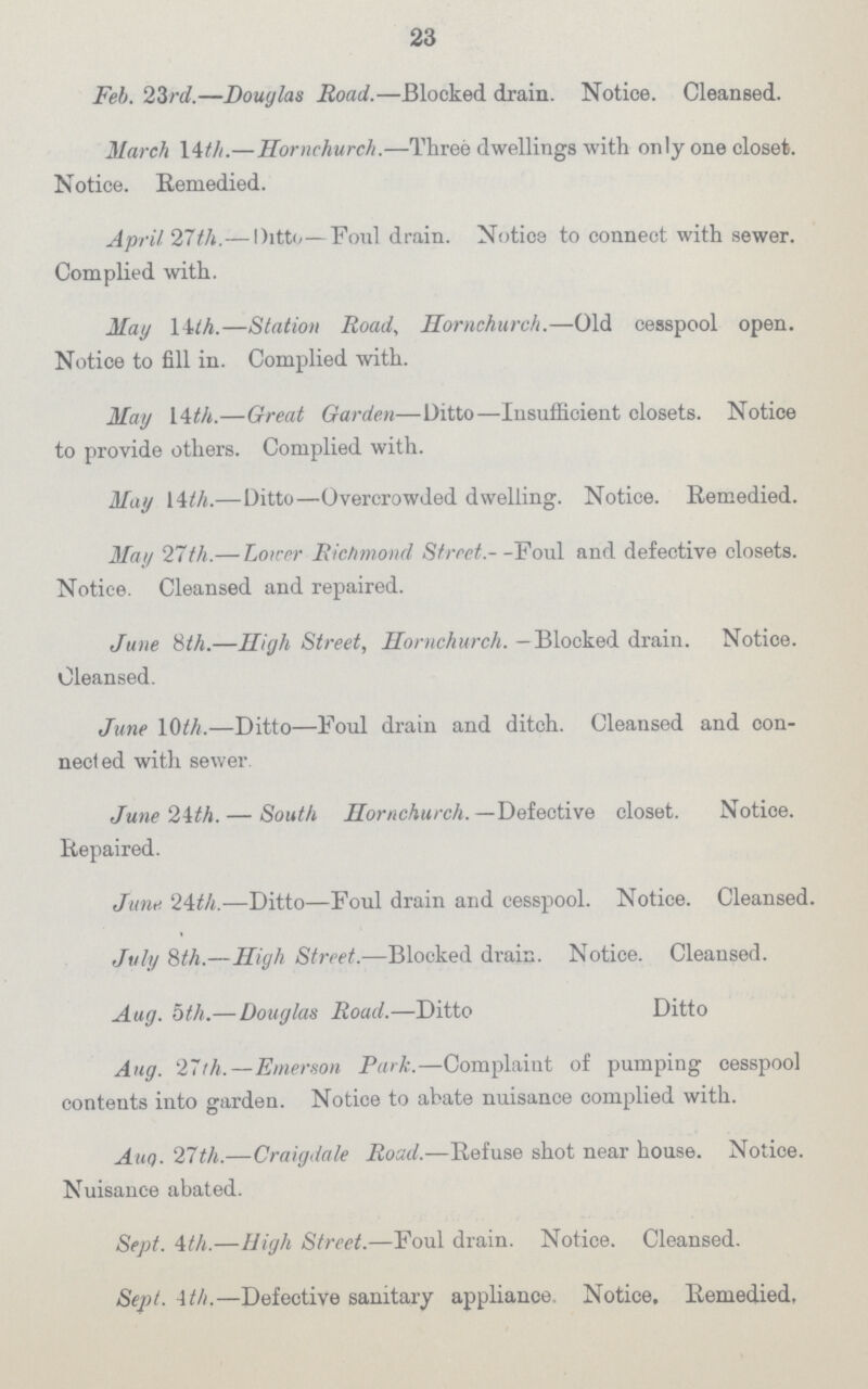 23 Feb. 23rd.—Douglas Road.—Blocked drain. Notice. Cleansed. March 14th.—Hornchurch.—Three dwellings with only one closet. Notice. Remedied. April 27th.— Ditto—Foul drain. Notice to connect with sewer. Complied with. May ll/A.—Station Road, Hornchurch.—Old cesspool open. Notice to fill in. Complied with. May [4th.—Great Garden—Ditto—Insufficient closets. Notice to provide others. Complied with. May 14th.—Ditto—Overcrowded dwelling. Notice. Remedied. May 27th.— Lower Richmond Street.- -Foul and defective closets. Notice. Cleansed and repaired. June 8th.—High, Street, Hornchurch.— Blocked drain. Notice. Cleansed. June 10th.—Ditto—Foul drain and ditch. Cleansed and con nected with sewer. June 24th. — South Hornchurch. —Defective closet. Notice. Repaired. June 24th.—Ditto—Foul drain and cesspool. Notice. Cleansed. July 8th.—High Street.—Blocked drain. Notice. Cleansed. Aug. 5th.—Douglas Road.—Ditto Ditto Aug. 27th.—Emerson Park.—Complaint of pumping cesspool contents into garden. Notice to abate nuisance complied with. Aug. 27th.—Craigdale Road.—Refuse shot near house. Notice. Nuisance abated. Sept. 4th.—High Street.—Foul drain. Notice. Cleansed. Sept. 4th.—Defective sanitary appliance. Notice, Remedied,