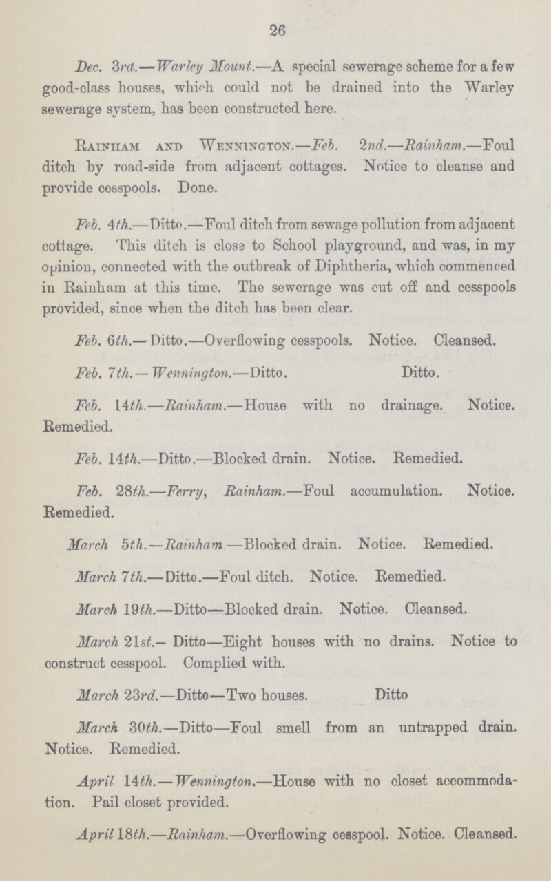 26 Dec. 3rd.— Wardey Mount.—A special sewerage scheme for a few good-class houses, which could not he drained into the Warley sewerage system, has been constructed here. Rainham and Wennington.—Feb. 2nd.—Rainham.—Foul ditch by road-side from adjacent cottages. Notice to cleanse and provide cesspools. Done. Feb. Ath.—Ditto.—Foul ditch from sewage pollution from adjacent cottage. This ditch is close to School playground, and was, in my opinion, connected with the outbreak of Diphtheria, which commenced in Rainham at this time. The sewerage was cut off and cesspools provided, since when the ditch has been clear. Feb. 6th.— Ditto.—Overflowing cesspools. Notice. Cleansed. Feb. 7th.— Wennington.—Ditto. Ditto. Feb. 14 th.—Rainham.—House with no drainage. Notice. Remedied. Feb. 14th.—Ditto.—Blocked drain. Notice. Remedied. Feb. 28th.—Ferry, Rainham.—Foul accumulation. Notice. Remedied. March 5th.—Rainham—Blocked drain. Notice. Remedied. March 7th.— Ditto.—Foul ditch. Notice. Remedied. March 19th.—Ditto—Blocked drain. Notice. Cleansed. March 21 st.— Ditto—Eight houses with no drains. Notice to construct cesspool. Complied with. March 23rd.—Ditto—Two houses. Ditto March 30th.—Ditto—Foul smell from an untrapped drain. Notice. Remedied. April 14th. — Wennington.—House with no closet accommoda tion. Pail closet provided. April 18th.—Rainham.—Overflowing cesspool. Notice. Cleansed.