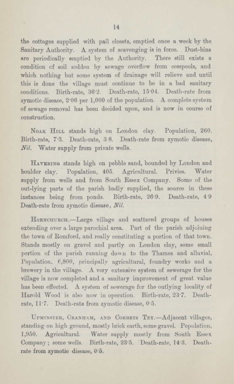 14 the cottages supplied with pail closets, emptied once a week by the Sanitary Authority. A system of scavenging is in force. Dust-bins are periodically emptied by the Authority. There still exists a condition of soil sodden by sewage overflow from cesspools, and which nothing but some system of drainage will relieve and until this is done the village must continue to be in a bad sanitary conditions. Birth-rate, 362. Death-rate, 1504. Death-rate from zymotic disease, 2.06 per 1,000 of the population. A complete system of sewage removal has been decided upon, and is now in course of construction. Noak Hill stands high on London clay. Population, 260. Birth-rate, 7 3. Death-rate, 3 8. Death-rate from zymotic disease, Nil. Water supply from private wells. Havering stands high on pebble sand, bounded by London and boulder clay. Population, 405. Agricultural. Privies. Water supply from wells and from South Essex Company. Some of the out-lying parts of the parish badly supplied, the source in these instances being from ponds. Birth-rate, 26-9. Death-rate, 4 9 Death-rate from zymotic disease, Nil. Hornchurch.—Large village and scattered groups of houses extending over a large parochial area. Part of the parish adjoiuing the town of Romford, and really constituting a portion of that town. Stands mostly on gravel and partly on London clay, some small portion of the parish running down to the Thames and alluvial. Population, 6,800, principally agricultural, foundry works and a brewery in the village. A very extensive system of sewerage for the village is now completed and a sanitary improvement of great value has been effected. A system of sewerage for the outlying locality of Harold Wood is also now in operation. Birth-rate, 23.7. Death rate, 11 7. Death-rate from zymotic disease, 0 5. Upminster, Cranham, and Corbets Tey.—Adjacent villages, standing on high ground, mostly brick earth, some gravel. Population, 1,950. Agricultural. Water supply mostly from South Essex Company; some wells. Birth-rate, 23.5. Death-rate, 14.3. Death rate from zymotic disease, 0 5.