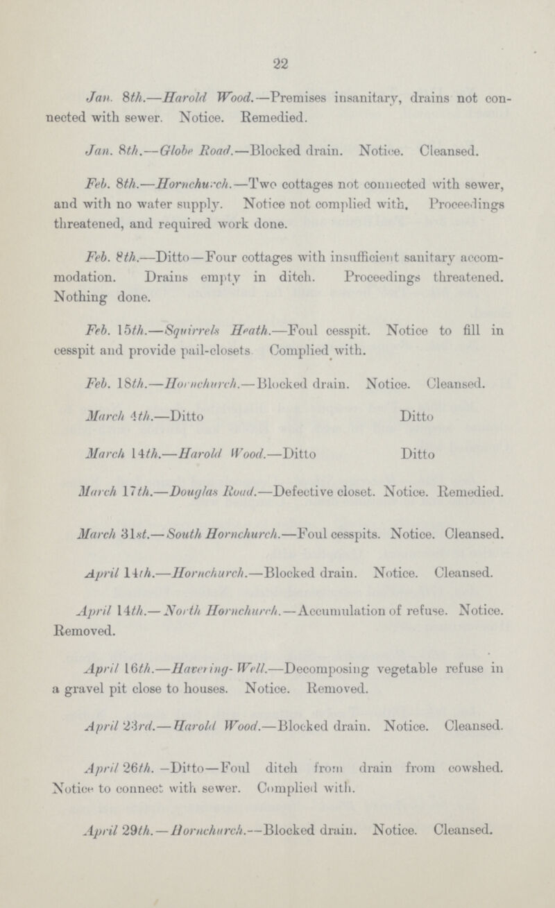 22 Jan. 8th.—Harold Wood.—Premises insanitary, drains not con nected with sewer. Notice. Remedied. Jan. 8th.—Globe. Road.—Blocked drain. Notice. Cleansed. Feb. 8th.—Hornchurch.—Two cottages not connected with sewer, and with no water supply. Notice not complied with. Proceedings threatened, and required work done. Feb. 8th.—Ditto—Four cottages with insufficient sanitary accom modation. Drains empty in ditch. Proceedings threatened. Nothing done. Feb. 15th.—Squirrels Heath.—Foul cesspit. Notice to fill in cesspit and provide pail-closets Complied with. Feb. 18th.—Hornchurch.—Blocked drain. Notice. Cleansed. March 4th.—Ditto Ditto March 14th.—Harold Wood.—Ditto Ditto March 17th.—Douglas Road.—Defective closet. Notice. Remedied. March 31st.— South Hornchurch.—Foul cesspits. Notice. Cleansed. April 14th.—Hornchurch.—Blocked drain. Notice. Cleansed. April 14th.— North Hornchurch.—Accunmlation of refuse. Notice. Removed. April 16th.—Havering-Well.—Decomposing vegetable refuse in a gravel pit close to houses. Notice. Removed. April 23rd.— Harold Wood.—Blocked drain. Notice. Cleansed. April 26th. —Ditto—Foul ditch from drain from cowshed. Notice to connect with sewer. Complied with. April 29th. — Hornchurch.—Blocked drain. Notice. Cleansed.