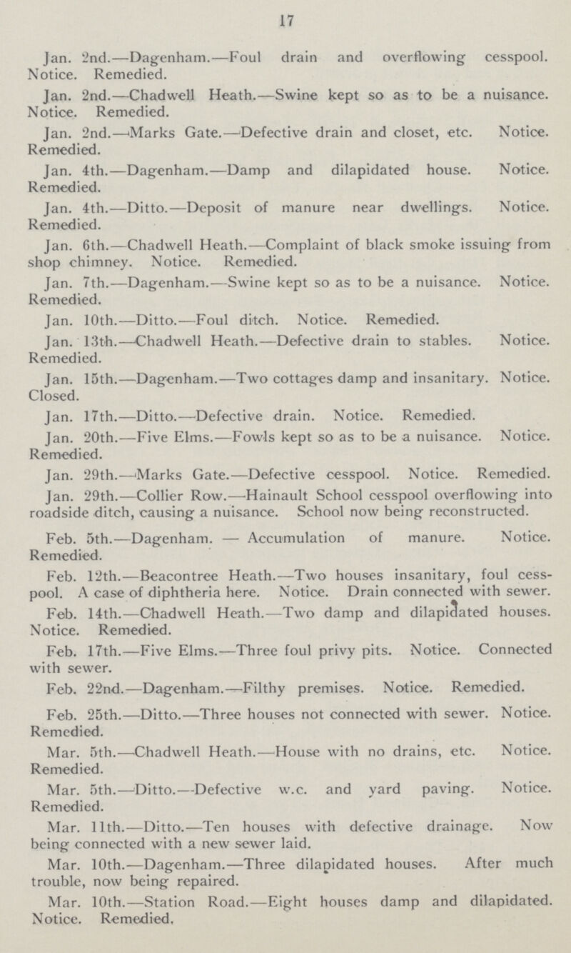 17 Jan. 2nd.—Dagenham.—Foul drain and overflowing cesspool. Notice. Remedied. Jan. 2nd.—Chadwell Heath.—Swine kept so as to be a nuisance. Notice. Remedied. Jan. 2nd.—Marks Gate.—'Defective drain and closet, etc. Notice. Remedied. Jan. 4th.—Dagenham.—Damp and dilapidated house. Notice. Remedied. Jan. 4th.—Ditto.—Deposit of manure near dwellings. Notice. Remedied. Jan. 6th.—Chadwell Heath.—Complaint of black smoke issuing from shop chimney. Notice. Remedied. Jan. 7th.—Dagenham.—Swine kept so as to be a nuisance. Notice. Remedied. Jan. 10th.—Ditto.—Foul ditch. Notice. Remedied. Jan. 13th.—Chadwell Heath.—Defective drain to stables. Notice. Remedied. Jan. 15th.—Dagenham.—Two cottages damp and insanitary. Notice. Closed. Jan. 17th.—Ditto.—Defective drain. Notice. Remedied. Jan. 20th.—Five Elms.—Fowls kept so as to be a nuisance. Notice. Remedied. Jan. 29th.—Marks Gate.—Defective cesspool. Notice. Remedied. Jan. 29th.—Collier Row.—Hainault School cesspool overflowing into roadside ditch, causing a nuisance. School now being reconstructed. Feb. 5th.—Dagenham. — Accumulation of manure. Notice. Remedied. Feb. 12th.—Beacontree Heath.—Two houses insanitary, foul cess pool. A case of diphtheria here. Notice. Drain connected with sewer. Feb. 14th.—Chadwell Heath.—Two damp and dilapidated houses. Notice. Remedied. Feb. 17th.—Five Elms.—Three foul privy pits. Notice. Connected with sewer. Feb. 22nd.—Dagenham.—Filthy premises. Notice. Remedied. Feb. 25th.—Ditto.—Three houses not connected with sewer. Notice. Remedied. Mar. 5th.—Chadwell Heath.—House with no drains, etc. Notice. Remedied. Mar. 5th.—Ditto.—Defective w.c. and yard paving. Notice. Remedied. Mar. 11th.—Ditto.—Ten houses with defective drainage. Now being connected with a new sewer laid. Mar. 10th.—Dagenham.—Three dilapidated houses. After much trouble, now being repaired. Mar. 10th.—Station Road.—Eight houses damp and dilapidated. Notice. Remedied.