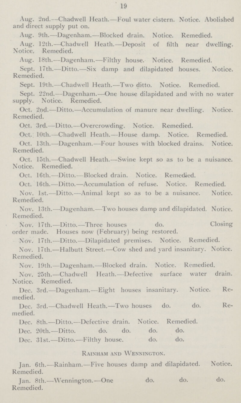 19 Aug. 2nd.—Chadwell Heath.—Foul water cistern. Notice. Abolished and direct supply put on. Aug. 9th.—Dagenham.—Blocked drain. Notice. Remedied. Aug. 12th.—Chadwell Heath.—Deposit of filth near dwelling. Notice. Remedied. Aug. 18th.—Dagenham.—Filthy house. Notice. Remedied. Sept. 17th.—Ditto.—Six damp and dilapidated houses. Notice. Remedied. Sept. 19th.—Chadwell Heath.—Two ditto. Notice. Remedied. Sept. 22nd.—Dagenham.—One house dilapidated and with no water supply. Notice. Remedied. Oct. 2nd.—Ditto.—Accumulation of manure near dwelling. Notice. Remedied. Oct. 3rd.—Ditto.—Overcrowding. Notice. Remedied. Oct. 10th.—Chadwell Heath.—House damp. Notice. Remedied. Oct. 13th.—Dagenham.—Four houses with blocked drains. Notice. Remedied. Oct. 15th.—Chadwell Heath.—Swine kept so as to be a nuisance. Notice. Remedied. Oct. 16th.—Ditto.—Blocked drain. Notice. Remedied. Oct. 16th.—Ditto.—Accumulation of refuse. Notice. Remedied. Nov. 1st.—Ditto.—Animal kept so as to be a nuisance. Notice. Remedied. Nov. 13th—Dagenham.—Two houses damp and dilapidated. Notice. Remedied. Nov. 17th.-—Ditto.—Three houses do. Closing order made. Houses now (February) being restored. Nov. 17th.—Ditto.—Dilapidated premises. Notice. Remedied. Nov. 17th.—Halbutt Street.—Cow shed and yard insanitary. Notice. Remedied. Nov. 19th.—Dagenham.—Blocked drain. Notice. Remedied. Nov. 25th.—Chadwell Heath.—Defective surface water drain. Notice. Remedied. Dec. 3rd.—Dagenham.-—Eight houses insanitary. Notice. Re medied. Dec. 3rd.—Chadwell Heath.—Two houses do. do. Re¬ medied. Dec. 8th.—Ditto.—Defective drain. Notice. Remedied. Dec. 20th.—Ditto. do. do. do. do. Dec. 31st.—Ditto.—Filthy house. do. do. Rainham and Wennington. Jan. 6th.—Rainham.—Five houses damp and dilapidated. Notice. Remedied. Jan. 8th.—Wennington.—One do. do. do. Remedied.