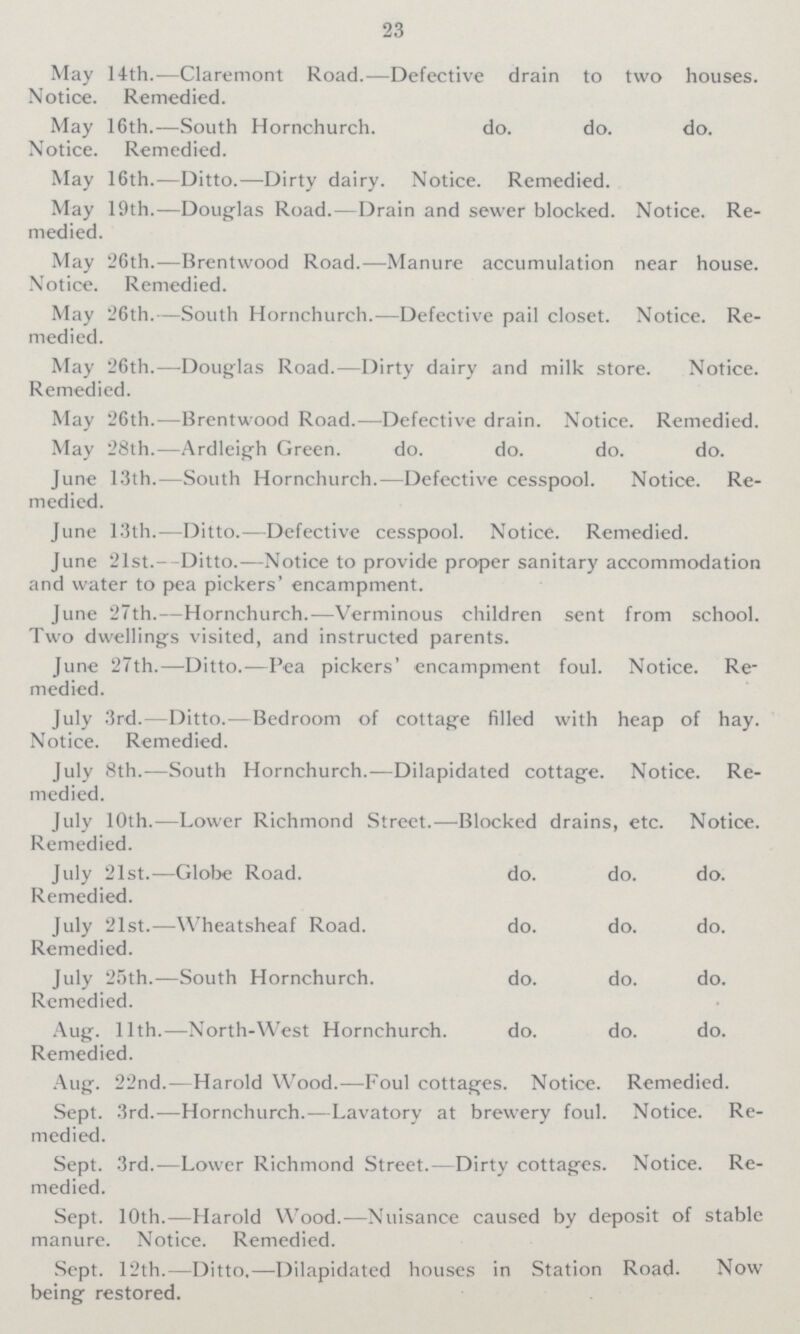 23 May 14th.—Claremont Road.—Defective drain to two houses. Notice. Remedied. May 16th.—South Hornchurch. do. do. do. Notice. Remedied. May 16th.—Ditto.—Dirty dairy. Notice. Remedied. May 19th.—Douglas Road.—Drain and sewer blocked. Notice. Re medied. May 26th.—Brentwood Road.—Manure accumulation near house. Notice. Remedied. May 26th.—South Hornchurch.—Defective pail closet. Notice. Re medied. May 26th.—Douglas Road.—Dirty dairy and milk store. Notice. Remedied. May 26th.—Brentwood Road.—Defective drain. Notice. Remedied. May 28th.—Ardleigh Green. do. do. do. do. June 13th.—South Hornchurch.—Defective cesspool. Notice. Re medied. June 13th.—Ditto.—Defective cesspool. Notice. Remedied. June 21st.- -Ditto.—Notice to provide proper sanitary accommodation and water to pea pickers' encampment. June 27th.—Hornchurch.—Verminous children sent from school. Two dwellings visited, and instructed parents. June 27th.—Ditto.—Pea pickers' encampment foul. Notice. Re medied. July 3rd. -Ditto.—Bedroom of cottage filled with heap of hay. Notice. Remedied. July 8th.—South Hornchurch.—Dilapidated cottage. Notice. Re medied. July 10th.—Lower Richmond Street.—Blocked drains, etc. Notice. Remedied. July 21st.—Globe Road. do. do. do. Remedied. July 21st.—Wheatsheaf Road. do. do. do. Remedied. July 25th.—South Hornchurch. do. do. do. Remedied. Aug. 11th.—North-West Hornchurch. do. do. do. Remedied. Aug. 22nd.—Harold Wood.—Foul cottages. Notice. Remedied. Sept. 3rd.—Hornchurch.—Lavatory at brewery foul. Notice. Re medied. Sept. 3rd.—Lower Richmond Street.—Dirty cottages. Notice. Re medied. Sept. 10th.—Harold Wood.—Nuisance caused by deposit of stable manure. Notice. Remedied. Sept. 12th.—Ditto.—Dilapidated houses in Station Road. Now being restored.