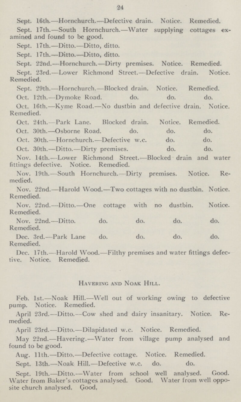 24 Sept. 16th.-—Hornchurch.—Defective drain. Notice. Remedied. Sept. 17th.—South Hornchurch.—Water supplying cottages ex amined and found to be good. Sept. 17th.—Ditto.—Ditto, ditto. Sept. 17th.—Ditto.—Ditto, ditto. Sept. 22nd.—Hornchurch.—Dirty premises. Notice. Remedied. Sept. 23rd.—Lower Richmond Street.—Defective drain. Notice. Remedied. Sept. 29th.—Hornchurch.—Blocked drain. Notice. Remedied. Oct. 12th.—Dymoke Road. do. do. do. Oct. 16th.—Kyme Road.—No dustbin and defective drain. Notice. Remedied. Oct. 24th.—Park Lane. Blocked drain. Notice. Remedied. Oct. 30th.—Osborne Road. do. do. do. Oct. 30th.-—Hornchurch.—Defective w.c. do. do. Oct. 30th.—Ditto.—Dirty premises. do. do. Nov. 14th.—Lower Richmond Street.—Blocked drain and water fittings defective. Notice. Remedied. Nov. 19th.—South Hornchurch.—Dirty premises. Notice. Re medied. Nov. 22nd.—Harold Wood.—Two cottages with no dustbin. Notice. Remedied. Nov. 22nd.—Ditto.—One cottage with no dustbin. Notice. Remedied. Nov. 22nd.—Ditto. do. do. do. do. Remedied. Dec. 3rd.—Park Lane do. do. do. do. Remedied. Dec. 17th.—Harold Wood.—Filthy premises and water fittings defec tive. Notice. Remedied. Havering and Noak Hfll. Feb. 1st.—Noak Hill.—Well out of working owing to defective pump. Notice. Remedied. April 23rd.—Ditto.—Cow shed and dairy insanitary. Notice. Re medied. April 23rd.—Ditto.—Dilapidated w.c. Notice. Remedied. May 22nd.—Havering.—Water from village pump analysed and found to be good. Aug. 11th.—Ditto.—Defective cottage. Notice. Remedied. Sept. 13th.—Noak Hill.—Defective w.c. do. do. Sept. 19th.—Ditto.—Water from school well analysed. Good. Water from Baker's cottages analysed. Good. Water from well oppo site church analysed, Good,