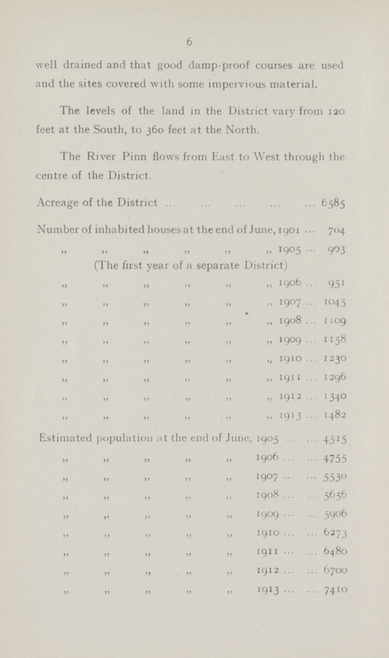 6 well drained and that good damp-proof courses are used and the sites covered with some impervious material. The levels of the land in the District vary from 120 feet at the South, to 360 feet at the North. The River Pinn flows from East to West through the centre of the District. Acreage of the District 6585 Number of inhabited houses at the end of June, 1901 704 „ „ „ „ „ „ 1905 903 (The first year of a separate District) „ „ „ „ „ „ 1906 951 „ „ „ „ „ „ 1907 1045 „ „ „ „ „ „ 1908 1109 „ „ „ „ „ „ 1908 1158 „ „ „ „ „ „ 1909 1230 „ „ „ „ „ „ 1910 1296 „ „ „ „ „ „ 1911 1340 „ „ „ „ „ „ 1912 1482 Estimated population ;it the end of June, 1905 4515 „ „ „ „ „ „ 1906 4755 „ „ „ „ „ „ 1907 5530 „ „ „ „ „ „ 1908 5656 „ „ „ „ „ „ 1909 5906 „ „ „ „ „ „ 1910 6273 „ „ „ „ „ „ 1911 6480 „ „ „ „ „ „ 1912 6700 „ „ „ „ „ „ 1913 7410