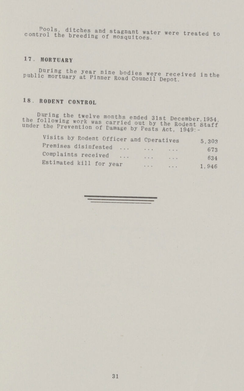 Pools, ditches and stagnant water were treated to control the breeding of mosquitoes. 17 MORTUARY During the year nine bodies were received inthe public mortuary at Pinner Road Council Depot. 18 RODENT CONTROL During the twelve months ended 31st December, 1954, the following work was carried out by the Rodent Staff under the Prevention of Damage by Pests Act, 1949:- Visits by Rodent Officer and Operatives 5,303 Premises disinfested 673 Complaints received 634 Estimated kill for year 1,946 31