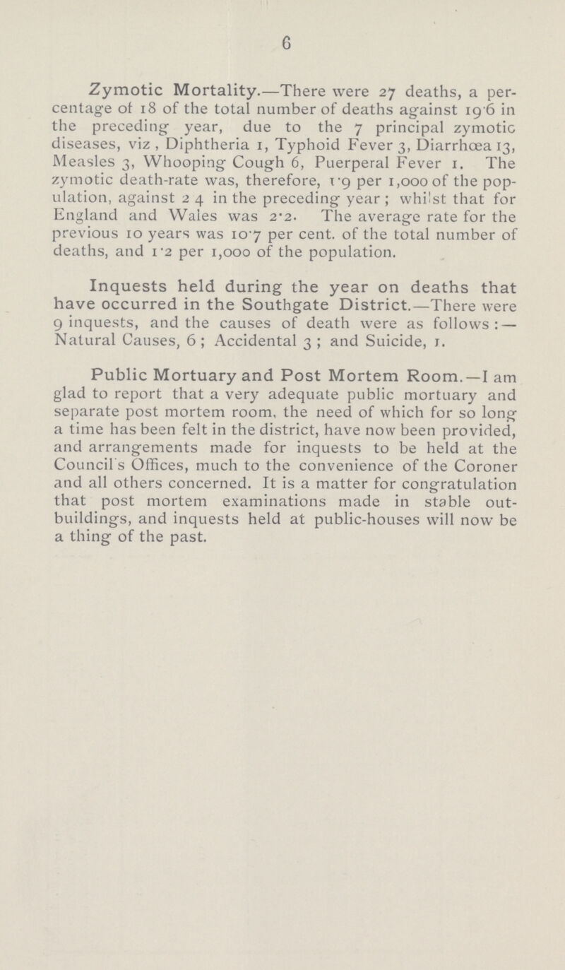 6 Zymotic Mortality.—There were 27 deaths, a per centage of 18 of the total number of deaths against 19.6 in the preceding year, due to the 7 principal zymotic diseases, viz , Diphtheria 1, Typhoid Fever 3, Diarrhoea 13, Measles 3, Whooping Cough 6, Puerperal Fever 1. The zymotic death-rate was, therefore, 1.9 per 1,000 of the pop ulation, against 24 in the preceding year; whilst that for England and Wales was 2.2. The average rate for the previous 10 years was 10.7 per cent. of the total number of deaths, and 1.2 per 1,000 of the population. Inquests held during the year on deaths that have occurred in the Southgate District.—There were 9 inquests, and the causes of death were as follows:— Natural Causes, 6; Accidental 3; and Suicide, 1. Public Mortuary and Post Mortem Room.—I am glad to report that a very adequate public mortuary and separate post mortem room, the need of which for so long a time has been felt in the district, have now been provided, and arrangements made for inquests to be held at the Council's Offices, much to the convenience of the Coroner and all others concerned. It is a matter for congratulation that post mortem examinations made in stable out buildings, and inquests held at public-houses will now be a thing of the past.