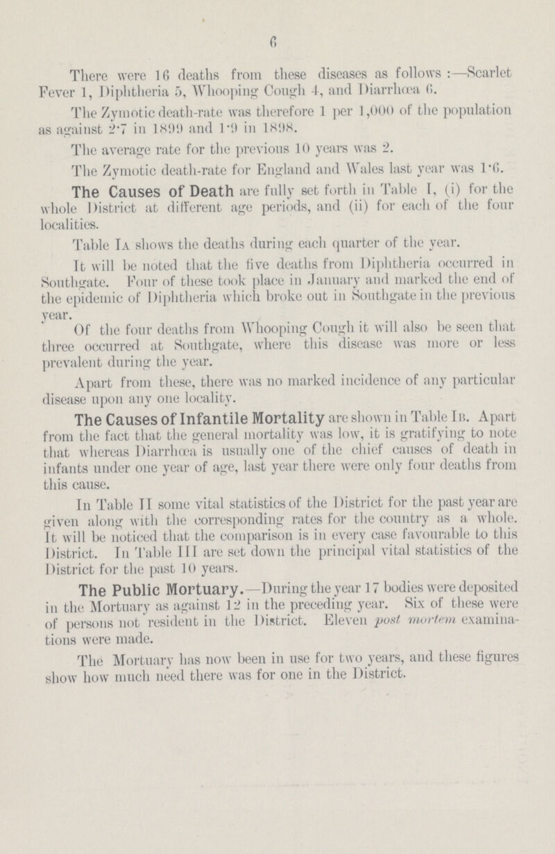 fi There were 16 deaths from these diseases as follows :—Scarlet Fever 1, Diphtheria 5, Whooping Cough 4, and Diarrhoea 6. The Zymotic death-rate was therefore 1 per 1,000 of the population as against 2.7 in 1899 and 1.9 in 1898. The average rate for the previous 10 years was 2. The Zymotic death-rate for England and Wales last year was 1.0. The Causes of Death are fully set forth ill Table I, (i) for the whole District at different age periods, and (ii) for each of the four localities. Table Ia shows the deaths during each quarter of the year. It will be noted that the five deaths from Diphtheria occurred in Southgate. Four of these took place in January and marked the end of the epidemic of Diphtheria which broke out in Southgate in the previous year. Of the four deaths from Whooping Cough it will also be seen that three occurred at Southgate, where this disease was more or less prevalent during the year. Apart from these, there was no marked incidence of any particular disease upon any one locality. The Causes of Infantile Mortality are shown in Table In. Apart from the fact that the general mortality was low, it is gratifying to note that whereas Diarrhœa is usually one of the chief causes of death in infants under one year of age, last year there were only four deaths from this cause. In Table II some vital statistics of the District for the past year are given along with the corresponding rates for the country as a whole. It will be noticed that the comparison is in every case favourable to this District. In Table III are set down the principal vital statistics of the District for the past 10 years. The Public Mortuary. -During the year 17 bodies were deposited in the Mortuary as against 12 in the preceding year. Six of these were of persons not resident in the District. Eleven post mortem examina tions were made. The Mortuary has now been in use for two years, and these figures show how much need there was for one in the District.