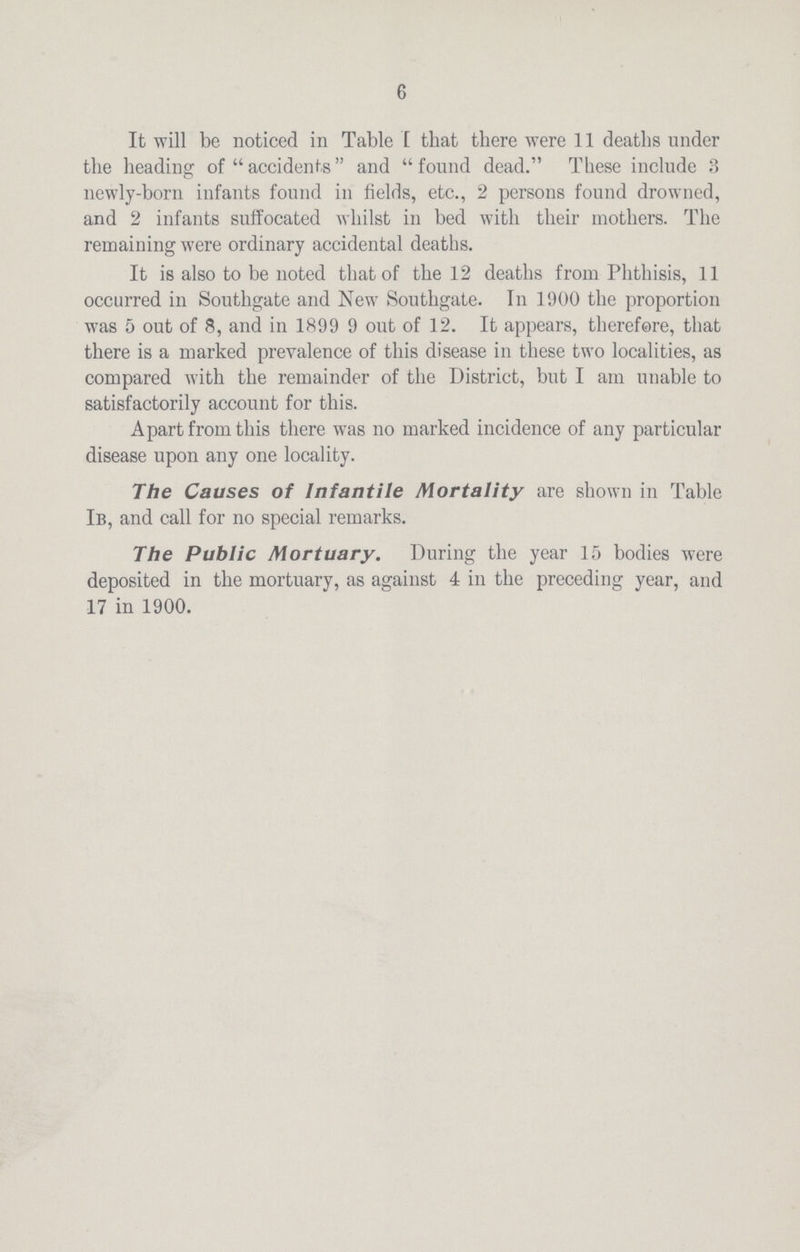 6 It will be noticed in Table I that there were 11 deaths under the heading of accidents and found dead. These include 3 newly-born infants found in fields, etc., 2 persons found drowned, and 2 infants suffocated whilst in bed with their mothers. The remaining were ordinary accidental deaths. It is also to be noted that of the 12 deaths from Phthisis, 11 occurred in Southgate and New Southgate. In 1900 the proportion was 5 out of 8, and in 1899 9 out of 12. It appears, therefore, that there is a marked prevalence of this disease in these two localities, as compared with the remainder of the District, but I am unable to satisfactorily account for this. A part from this there was no marked incidence of any particular disease upon any one locality. The Causes of Infantile Mortality are shown in Table Ib, and call for no special remarks. The Public Mortuary. During the year 15 bodies were deposited in the mortuary, as against 4 in the preceding year, and 17 in 1900.