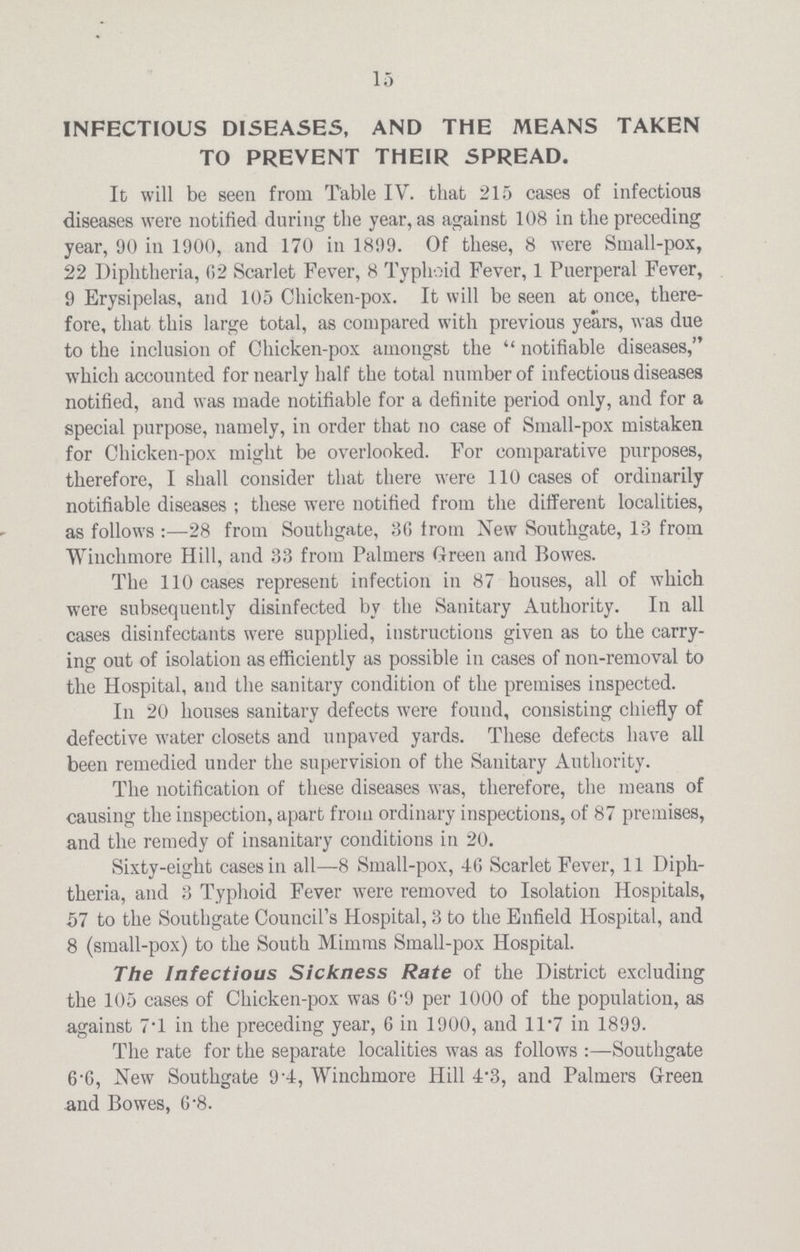 15 INFECTIOUS DISEASES, AND THE MEANS TAKEN TO PREVENT THEIR SPREAD. It will be seen from Table IV. that 215 cases of infectious diseases were notified during the year, as against 108 in the preceding year, 90 in 1900, and 170 in 1899. Of these, 8 were Small-pox, 22 Diphtheria, 02 Scarlet Fever, 8 Typhoid Fever, 1 Puerperal Fever, 9 Erysipelas, and 105 Chicken-pox. It will be seen at once, there fore, that this large total, as compared with previous years, was due to the inclusion of Chicken-pox amongst the  notifiable diseases, which accounted for nearly half the total number of infectious diseases notified, and was made notifiable for a definite period only, and for a special purpose, namely, in order that no case of Small-pox mistaken for Chicken-pox might be overlooked. For comparative purposes, therefore, I shall consider that there were 110 cases of ordinarily notifiable diseases ; these were notified from the different localities, as follows :—28 from Southgate, 30 from New Southgate, 13 from Winchmore Hill, and 33 from Palmers Green and Bowes. The 110 cases represent infection in 87 houses, all of which were subsequently disinfected by the Sanitary Authority. In all cases disinfectants were supplied, instructions given as to the carry ing out of isolation as efficiently as possible in cases of non-removal to the Hospital, and the sanitary condition of the premises inspected. In 20 houses sanitary defects were found, consisting chiefly of defective water closets and unpaved yards. These defects have all been remedied under the supervision of the Sanitary Authority. The notification of these diseases was, therefore, the means of causing the inspection, apart from ordinary inspections, of 87 premises, and the remedy of insanitary conditions in 20. Sixty-eight cases in all—8 Small-pox, 40 Scarlet Fever, 11 Diph theria, and 3 Typhoid Fever were removed to Isolation Hospitals, 57 to the Southgate Council's Hospital, 3 to the Enfield Hospital, and 8 (small-pox) to the South Minims Small-pox Hospital. The Infectious Sickness Rate of the District excluding the 105 cases of Chicken-pox was G-9 per 1000 of the population, as against 7-l in the preceding year, 0 in 1900, and 11.7 in 1899. The rate for the separate localities was as follows:—Southgate 6.6, New Southgate 9.4, Winchmore Hill 4.3, and Palmers Green and Bowes, 6.8.
