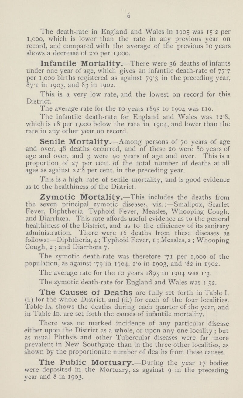 6 The death-rate in England and Wales in 1905 was 15.2 per 1,000, which is lower than the rate in any previous year on record, and compared with the average of the previous 10 years shows a decrease of 2.0 per 1,000. Infantile Mortality.—There were 36 deaths of infants under one year of age, which gives an infantile death-rate of 777 per 1,000 births registered as against 79.3 in the preceding year, 87.1 in 1903, and 83 in 1902. This is a very low rate, and the lowest on record for this District. The average rate for the 10 years 1895 to 1904 was 110. The infantile death-rate for England and Wales was 12.8, which is 18 per 1,000 below the rate in 1904, and lower than the rate in any other year on record. Senile Mortality.—Among persons of 70 years of age and over, 48 deaths occurred, and of these 20 were 80 years of age and over, and 3 were 90 years of age and over. This is a proportion of 27 per cent. of the total number of deaths at all ages as against 22.8 per cent. in the preceding year. This is a high rate of senile mortality, and is good evidence as to the healthiness of the District. Zymotic Mortality.—This includes the deaths from the seven principal zymotic diseases, viz. Smallpox, Scarlet Fever, Diphtheria, Typhoid Fever, Measles, Whooping Cough, and Diarrhœa. This rate affords useful evidence as to the general healthiness of the District, and as to the efficiency of its sanitary administration. There were 16 deaths from these diseases as follows:—Diphtheria, 4; Typhoid Fever, 1; Measles, 2; Whooping Cough, 2; and Diarrhcea 7. The zymotic death-rate was therefore .71 per 1,000 of the population, as against 79 in 1904, 1.0 in 1903, and .82 in 1902. The average rate for the 10 years 1895 to 1904 was 1.3. The zymotic death-rate for England and Wales was 1.52. The Causes Of Deaths are fully set forth in Table I. (i.) for the whole District, and (ii.) for each of the four localities. Table Ia. shows the deaths during each quarter of the year, and in Table Ib. are set forth the causes of infantile mortality. There was no marked incidence of any particular disease either upon the District as a whole, or upon any one locality; but as usual Phthsis and other Tubercular diseases were far more prevalent in New Southgate than in the three other localities, as shown by the proportionate number of deaths from these causes. The Public Mortuary.—During the year 17 bodies were deposited in the Mortuary, as against 9 in the preceding year and 8 in 1903.