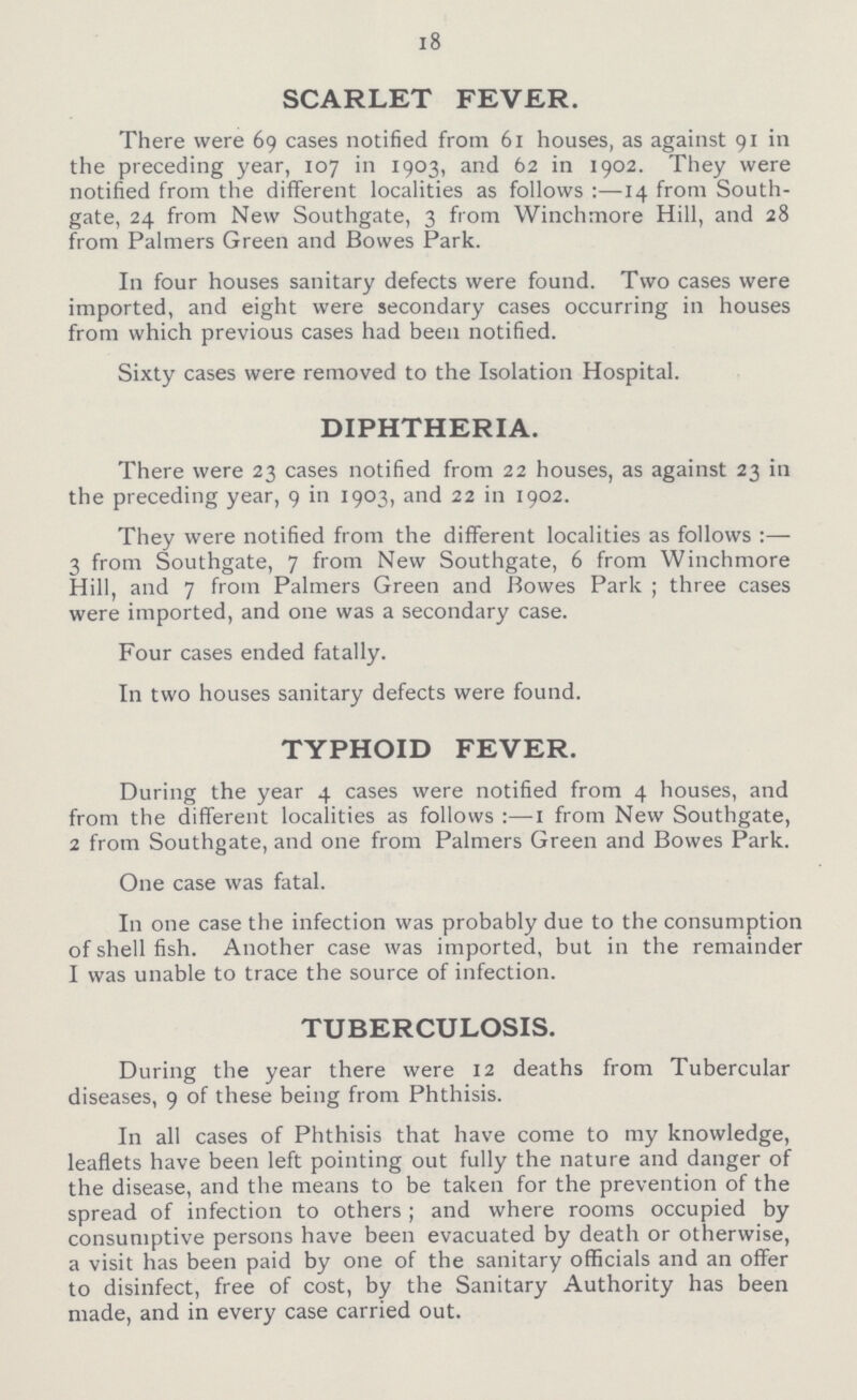 18 SCARLET FEVER. There were 69 cases notified from 61 houses, as against 91 in the preceding year, 107 in 1903, and 62 in 1902. They were notified from the different localities as follows :—14 from South gate, 24 from New Southgate, 3 from Winchmore Hill, and 28 from Palmers Green and Bowes Park. In four houses sanitary defects were found. Two cases were imported, and eight were secondary cases occurring in houses from which previous cases had been notified. Sixty cases were removed to the Isolation Hospital. DIPHTHERIA. There were 23 cases notified from 22 houses, as against 23 in the preceding year, 9 in 1903, and 22 in 1902. They were notified from the different localities as follows :— 3 from Southgate, 7 from New Southgate, 6 from Winchmore Hill, and 7 from Palmers Green and Bowes Park ; three cases were imported, and one was a secondary case. Four cases ended fatally. In two houses sanitary defects were found. TYPHOID FEVER. During the year 4 cases were notified from 4 houses, and from the different localities as follows :—I from New Southgate, 2 from Southgate, and one from Palmers Green and Bowes Park. One case was fatal. In one case the infection was probably due to the consumption of shell fish. Another case was imported, but in the remainder I was unable to trace the source of infection. TUBERCULOSIS. During the year there were 12 deaths from Tubercular diseases, 9 of these being from Phthisis. In all cases of Phthisis that have come to my knowledge, leaflets have been left pointing out fully the nature and danger of the disease, and the means to be taken for the prevention of the spread of infection to others ; and where rooms occupied by consumptive persons have been evacuated by death or otherwise, a visit has been paid by one of the sanitary officials and an offer to disinfect, free of cost, by the Sanitary Authority has been made, and in every case carried out.