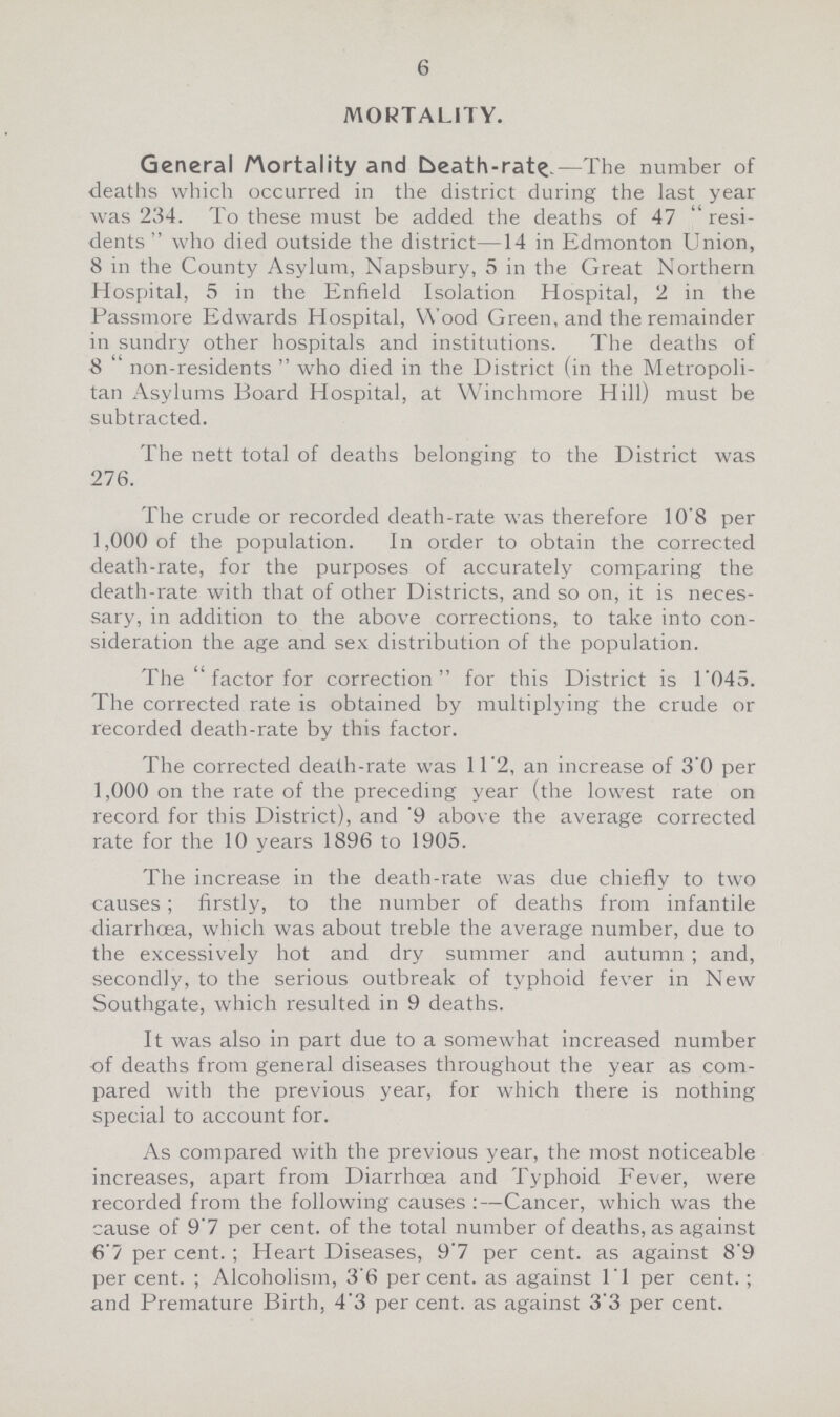 6 MORTALITY. General Mortality and Death-rate—The number of deaths which occurred in the district during the last year was 234. To these must be added the deaths of 47 resi dents  who died outside the district—14 in Edmonton Union, 8 in the County Asylum, Napsbury, 5 in the Great Northern Hospital, 5 in the Enfield Isolation Hospital, 2 in the Passmore Edwards Hospital, Wood Green, and the remainder in sundry other hospitals and institutions. The deaths of 8 non-residents who died in the District (in the Metropoli tan Asylums Board Hospital, at Winchmore Hill) must be subtracted. The nett total of deaths belonging to the District was 276. The crude or recorded death-rate was therefore 10'8 per 1,000 of the population. In order to obtain the corrected death-rate, for the purposes of accurately comparing the death-rate with that of other Districts, and so on, it is neces sary, in addition to the above corrections, to take into con sideration the age and sex distribution of the population. The factor for correction for this District is 1.045. The corrected rate is obtained by multiplying the crude or recorded death-rate by this factor. The corrected death-rate was 11.2, an increase of 3.0 per 1,000 on the rate of the preceding year (the lowest rate on record for this District), and .9 above the average corrected rate for the 10 years 1896 to 1905. The increase in the death-rate was due chiefly to two causes; firstly, to the number of deaths from infantile diarrhœa, which was about treble the average number, due to the excessively hot and dry summer and autumn ; and, secondly, to the serious outbreak of typhoid fever in New Southgate, which resulted in 9 deaths. It was also in part due to a somewhat increased number of deaths from general diseases throughout the year as com pared with the previous year, for which there is nothing special to account for. As compared with the previous year, the most noticeable increases, apart from Diarrhoea and Typhoid Fever, were recorded from the following causes:—Cancer, which was the cause of 9.7 per cent. of the total number of deaths, as against 6.7 per cent.; Heart Diseases, 9.7 per cent. as against 8'9 per cent.; Alcoholism, 3.6 per cent. as against l.l per cent.; and Premature Birth, 4.3 per cent. as against 3.3 per cent.