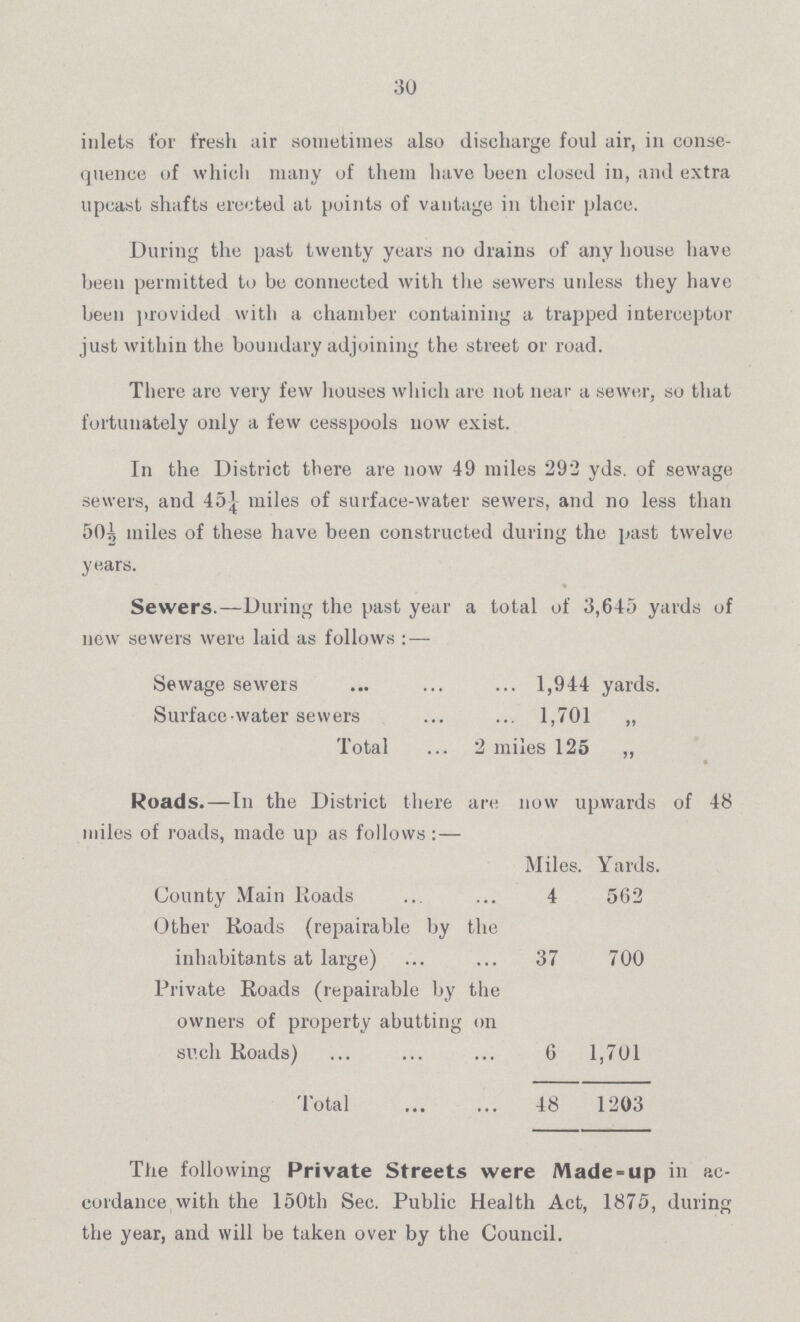 30 inlets for fresh air sometimes also discharge foul air, in conse quence of which many of them have been closed in, and extra upcast shafts erected at points of vantage in their place. During the past twenty years no drains of any house have been permitted to be connected with the sewers unless they have been provided with a chamber containing a trapped interceptor just within the boundary adjoining the street or road. There are very few houses which are not near a sewer, so that fortunately only a few cesspools now exist. In the District there are now 49 miles 292 yds. of sewage sewers, and 45¼ miles of surface-water sewers, and no less than 50½, miles of these have been constructed during the past twelve years. Sewers.—During the past year a total of 3,645 yards of new sewers were laid as follows : — Sewage sewers 1,944 yards. Surface-water sewers 1,701 „ Total 2 miles 125 „ Roads.—In the District there are now upwards of 48 miles of roads, made up as follows :— Miles. Yards. County Main Roads 4 562 Other Roads (repairable by the inhabitants at large) 37 700 Private Roads (repairable by the owners of property abutting on such Roads) 6 1,701 Total 48 1203 The following Private Streets were Made-up in ac cordance with the 150th Sec. Public Health Act, 1875, during the year, and will be taken over by the Council.