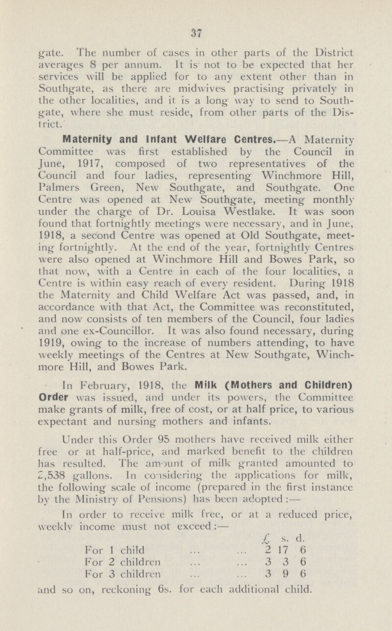 37 gate. The number of cases in other parts of the District averages 8 per annum. It is not to be expected that her services will be applied for to any extent other than in Southgate, as there are midwives practising privately in the other localities, and it is a long way to send to South gate, where she must reside, from other parts of the Dis trict. Maternity and infant Welfare Centres.—A Maternity Committee was first established by the Council in June, 1917, composed of two representatives of the Council and four ladies, representing Winchmore Hill, Palmers Green, New Southgate, and Southgate. One Centre was opened at New Southgate, meeting monthly under the charge of Dr. Louisa Westlake. It was soon found that fortnightly meetings were necessary, and in June, 1918, a second Centre was opened at Old Southgate, meet ing fortnightly. At the end of the year, fortnightly Centres were also opened at Winchmore Hill and Bowes Park, so that now, with a Centre in each of the four localities, a Centre is within easy reach of every resident. During 1918 the Maternity and Child Welfare Act was passed, and, in accordance with that Act, the Committee was reconstituted, and now consists of ten members of the Council, four ladies and one ex-Councillor. It was also found necessary, during 1919, owing to the increase of numbers attending, to have weekly meetings of the Centres at New Southgate, Winch more Hill, and Bowes Park. In February, 1918, the Milk (Mothers and Children) Order was issued, and under its powers, the Committee make grants of milk, free of cost, or at half price, to various expectant and nursing mothers and infants. Under this Order 95 mothers have received milk either free or at half-price, and marked benefit to the children has resulted. The amount of milk granted amounted to 2,538 gallons. In considering the applications for milk, the following scale of income (prepared in the first instance bv the Ministry of Pensions) has been adopted:— In order to receive milk free, or at a reduced price weeklv income must not exceed:— £ s. d. For 1 child 2 17 6 For 2 children 3 3 6 For 3 children 3 9 6 and so on, reckoning 6s. for each additional child.