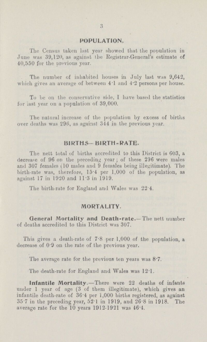 3 POPULATION. The Census taken List year showed that the population in June was 39,120, as against the Registrar-General's estimate of 40,550 for the previous year. The number of inhabited houses in July last was 9,642, which gives an average of between 4.1 and 4.2 persons per house. To be on the conservative side, I have based the statistics for iast year on a population of 39,000. The natural increase of the population by excess of births over deaths was 290, as against 344 in the previous year. BIRTHS- BIRTH-RATE. The nett total of births accredited to this District is 603, a decrease of 96 on the preceding year; of these 296 were males and 307 females (10 males and 9 females being illegitimate). The birth-rate was, therefore, 15.4 per 1,000 of the population, as against 17 in 1920 and 1.13 in 1919. The birth-rate for England and Wales was 22 4. MORTALITY. General Mortality and Death-rate.—The nett number of deaths accredited to this District was 307. This gives a death-rate of 7.8 per 1,000 of the population, a decrease of 0 9 on the rate of the previous year. The average rate for the previous ten years was 8.7. The death-rate for England and Wales was 121. Infantile Mortality.—There were 22 deaths of infants under 1 year of age (3 of them illegitimate), which gives an infantile death-rate of 36.4 per 1,000 births registered, as against 35.7 in the preceding year, 52.1 in 1919, and 26.8 in 1918. The average rate for the 10 years 1912-1921 was 46.4.