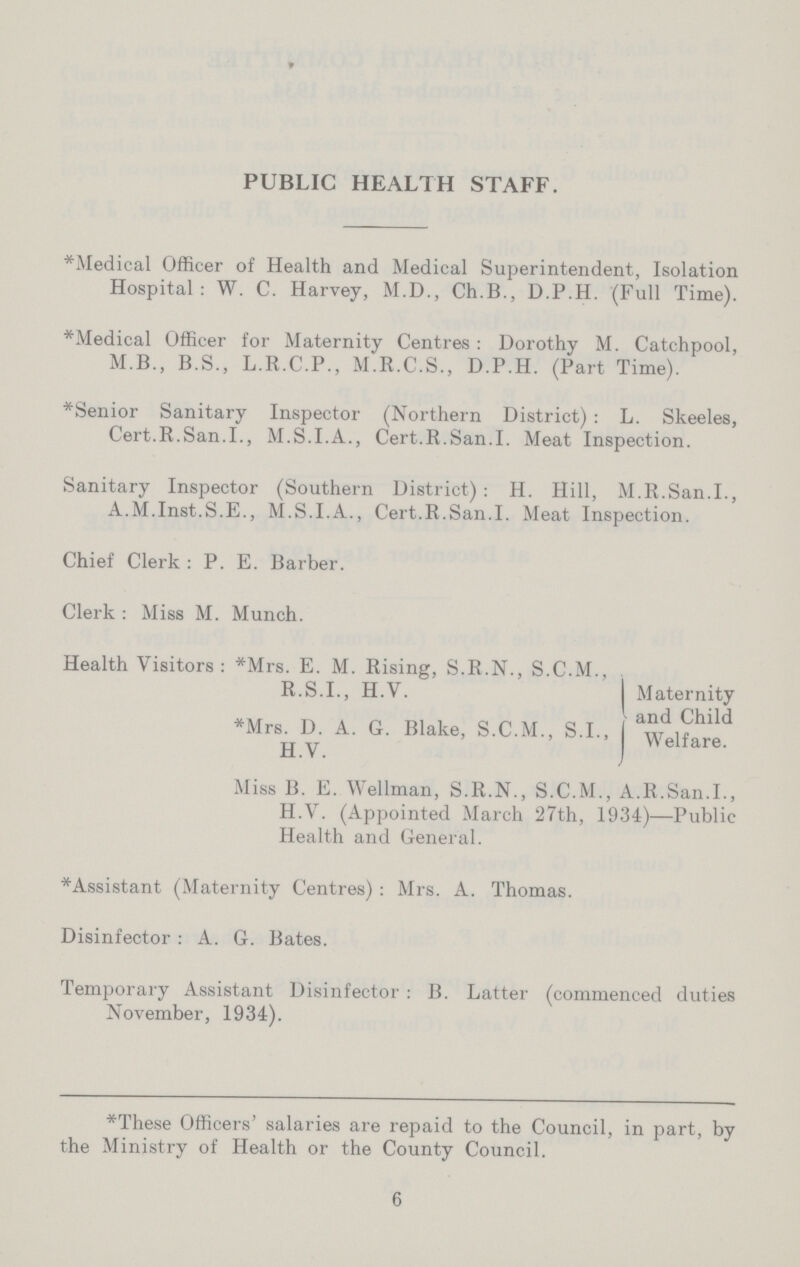 PUBLIC HEALTH STAFF. * Medical Officer of Health and Medical Superintendent, Isolation Hospital: W. C. Harvey, M.D., Ch.B., D.P.H. (Full Time). * Medical Officer for Maternity Centres: Dorothy M. Catchpool, M.B., B.S., L.R.C.P., M.R.C.S., D.P.H. (Part Time). * Senior Sanitary Inspector (Northern District) : L. Skeeles, Cert.R.San.I., M.S.I.A., Cert.R.San.I. Meat Inspection. Sanitary Inspector (Southern District): H. Hill, M.R.San.I., A.M.Inst.S.E., M.S.I.A., Cert.R.San.I. Meat Inspection. Chief Clerk: P. E. Barber. Clerk : Miss M. Munch. Health Visitors: *Mrs. E. M. Rising, S.R.N., S.C.M., R.S.I., H.V. *Mrs. D. A. G. Blake, S.C.M., S.I., H.V. Maternity and Child Welfare. Miss B. E. Wellman, S.R.N., S.C.M., A.R.San. I., H.V. (Appointed March 27th, 1934)—Public Health and General. * Assistant (Maternity Centres) : Mrs. A. Thomas. Disinfector : A. G. Bates. Temporary Assistant Disinfector : B. Latter (commenced duties November, 1934). * These Officers' salaries are repaid to the Council, in part, by the Ministry of Health or the County Council. 6