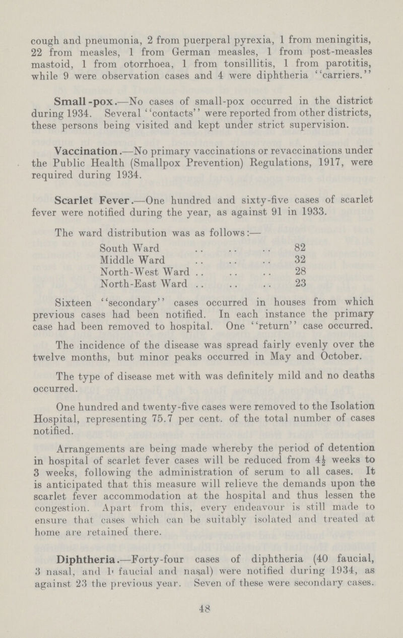 cough and pneumonia, 2 from puerperal pyrexia, 1 from meningitis, 22 from measles, 1 from German measles, 1 from post-measles mastoid, 1 from otorrhoea, 1 from tonsillitis, 1 from parotitis, while 9 were observation cases and 4 were diphtheria carriers. Small-pox.—No cases of small-pox occurred in the district during 1934. Several ' 'contacts'' were reported from other districts, these persons being visited and kept under strict supervision. Vaccination.—No primary vaccinations or revaccinations under the Public Health (Smallpox Prevention) Regulations, 1917, were required during 1934. Scarlet Fever.—One hundred and sixty-five cases of scarlet fever were notified during the year, as against 91 in 1933. The ward distribution was as follows:— South Ward 82 Middle Ward 32 North-West Ward 28 North-East Ward 23 Sixteen secondary'' cases occurred in houses from which previous cases had been notified. In each instance the primary case had been removed to hospital. One return'' case occurred. The incidence of the disease was spread fairly evenly over the twelve months, but minor peaks occurred in May and October. The type of disease met with was definitely mild and no deaths occurred. One hundred and twenty-five cases were removed to the Isolation Hospital, representing 75.7 per cent, of the total number of cases notified. Arrangements are being made whereby the period of detention in hospital of scarlet fever cases will be reduced from 4½ weeks to 3 weeks, following the administration of serum to all cases. It is anticipated that this measure will relieve the demands upon the scarlet fever accommodation at the hospital and thus lessen the congestion. Apart from this, every endeavour is still made to ensure that cases which can be suitably isolated and treated at home are retained there. Diphtheria.—Forty-four cases of diphtheria (40 faucial, 3 nasal, and ???faucial and nasal) were notified during 1934, as against 23 the previous year. Seven of these were secondary cases. 48