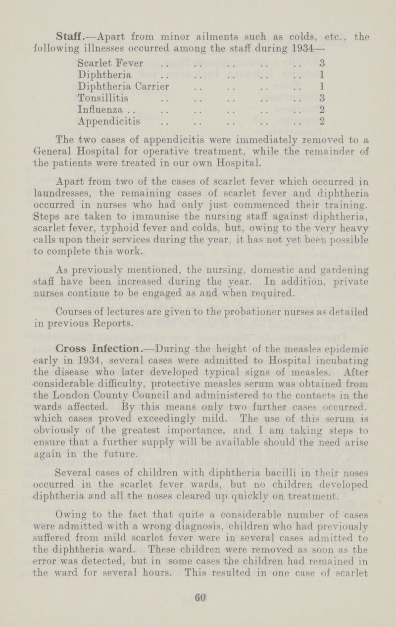 Staff.—Apart from minor ailments such as colds, etc., the following illnesses occurred among the staff during 1934— Scarlet Fever 3 Diphtheria 1 Diphtheria Carrier 1 Tonsillitis 3 Influenza 2 Appendicitis 2 The two cases of appendicitis were immediately removed to a General Hospital for operative treatment, while the remainder of the patients were treated in our own Hospital. Apart from two of the cases of scarlet fever which occurred in laundresses, the remaining cases of scarlet fever and diphtheria occurred in nurses who had only just commenced their training. Steps are taken to immunise the nursing staff against diphtheria, scarlet fever, typhoid fever and colds, but, owing to the very heavy calls upon their services during the year, it has not vet been possible to complete this work. As previously mentioned, the nursing, domestic and gardening staff have been increased during the year. In addition, private nurses continue to be engaged as and when required. Courses of lectures are given to the probationer nurses as detailed in previous Reports. Cross Infection.—During the height of the measles epidemic early in 1934, several cases were admitted to Hospital incubating the disease who later developed typical signs of measles. After considerable difficulty, protective measles serum was obtained from the London County Council and administered to the contacts in the wards affected. By this means only two further cases occurred, which cases proved exceedingly mild. The use of this serum is obviously of the greatest importance, and I am taking steps to ensure that a further supply will be available should the need arise again in the future. Several cases of children with diphtheria bacilli in their noses occurred in the scarlet fever wards, but no children developed diphtheria and all the noses cleared up quickly on treatment. Owing to the fact that quite a considerable number of cases were admitted with a wrong diagnosis, children who had previously suffered from mild scarlet fever were in several cases admitted to the diphtheria ward. These children were removed as soon as the error was detected, but in some cases the children had remained in the ward for several hours. This resulted in one case of scarlet 60