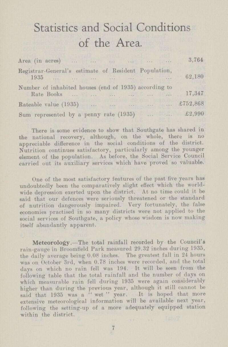 Statistics and Social Conditions of the Area. Area (in acres) 3,764 Registrar-General's estimate of Resident Population, 1935 62,180 Number of inhabited houses (end of 1935) according to Rate Books 17,347 Rateable value (1935) £752,868 Sum represented by a penny rate (1935) . £2,990 There is some evidence to show that Southgate has shared in the national recovery, although, on the whole, there is no appreciable difference in the social conditions of the district. Nutrition continues satisfactory, particularly among the younger element of the population. As before, the Social Service Council carried out its auxiliary services which have proved so valuable. One of the most satisfactory features of the past five years has undoubtedly been the comparatively slight effect which the world wide depression exerted upon the district. At no time could it be said that our defences were seriously threatened or the standard of nutrition dangerously impaired. Very fortunately, the false economies practised in so many districts were not applied to the social services of Southgate, a policy whose wisdom is now making itself abundantly apparent. Meteorology.—The total rainfall recorded by the Council's rain-gauge in Broomfield Park measured 29.32 inches during 1935, the daily average being 0.08 inches. The greatest fall in 24 hours was on October 3rd, when 0.78 inches were recorded, and the total days on which no rain fell was 194. It will be seen from the following table that the total rainfall and the number of days on which measurable rain fell during 1935 were again considerably higher than during the previous year, although it still cannot be said that 1935 was a wet year. It is hoped that more extensive meteorological information will be available next year, following the setting-up of a more adequately equipped station within the district. 7