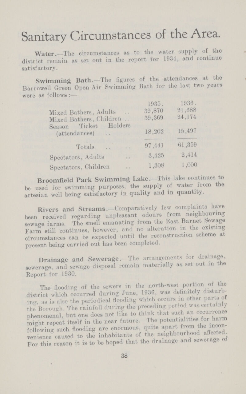 Sanitary Circumstances of the Area. Water.— The circumstances as to the water supply of the district remain as set out in the report for 1934, and continue satisfactory. Swimming Bath.— The figures of the attendances at the Barrowell Green Open-Air Swimming Bath for the last two years were as follows :— 1935. 1936. Mixed Bathers, Adults 39,870 21,688 Mixed Bathers, Children 39,369 24,174 Season Ticket Holders (attendances) 18,202 15,497 Totals 97,441 61,359 Spectators, Adults 3,425 2,414 Spectators, Children 1,308 1,000 Broomfield Park Swimming Lake.— This lake continues to be used for swimming purposes, the supply of water from the artesian well being satisfactory in quality and in quantity. Rivers and Streams.— Comparatively few complaints have been received regarding unpleasant odours from neighbouring sewage farms. The smell emanating from the East Barnet Sewage Farm still continues, however, and no alteration in the existing circumstances can be expected until the reconstruction scheme at present being carried out has been completed. Drainage and Sewerage. -The arrangements for drainage, sewerage, and sewage disposal remain materially as set out in the Report for 1930. The flooding of the sewers in the north-west portion of the district which occurred during June, 1936, was definitely disturb ing, as is also the periodical flooding which occurs in other parts of the Borough. The rainfall during the preceding period was certainly phenomenal, but one does not like to think that such an occurrence might repeat itself in the near future. The potentialities for harm following such flooding are enormous, quite apart from the incon venience caused to the inhabitants of the neighbourhood affected. For this reason it is to be hoped that the drainage and sewerage of 38