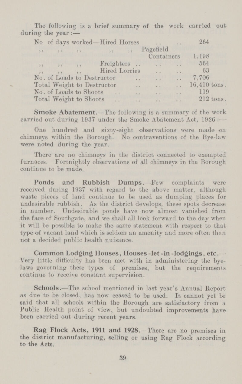 The following is a brief summary of the work carried out during the year:— No of days worked—Hired Horses 264 „ „ ,, ,, ,, Pagefield Containers 1,198 ,, ,, ,, Freighters 564 ,, ,, ,, Hired Lorries 63 No. of Loads to Destructor 7,706 Total Weight to Destructor 16,410 tons. No. of Loads to Shoots 119 Total Weight to Shoots 212 tons. Smoke Abatement.—The following is a summary of the work carried out during 1937 under the Smoke Abatement Act, 1926:— One hundred and sixty-eight observations were made on chimneys within the Borough. No contraventions of the Bye-law were noted during the year. There are no chimneys in the district connected to exempted furnaces. Fortnightly observations of all chimneys in the Borough continue to be made. Ponds and Rubbish Dumps.—Few complaints were received during 1937 with regard to the above matter, although waste pieces of land continue to be used as dumping places for undesirable rubbish. As the district develops, these spots decrease in number. Undesirable ponds have now almost vanished from the face of Southgate, and we shall all look forward to the day when it will be possible to make the same statement with respect to that type of vacant land which is seldom an amenity and more often than not a- decided public health nuisance. Common Lodging Houses, Houses-let-in-lodgings, etc.— Very little difficulty has been met with in administering the bye laws governing these types of premises, but the requirements continue to receive constant supervision. Schools.—The school mentioned in last year's Annual Report as due to be closed, has now ceased to be used. It cannot yet be said that all schools within the Borough are satisfactory from a Public Health point of view, but undoubted improvements have been carried out during recent years. Rag Flock Acts, 1911 and 1928.—There are no premises in the district manufacturing, selling or using Rag Flock according to the Acts. 39
