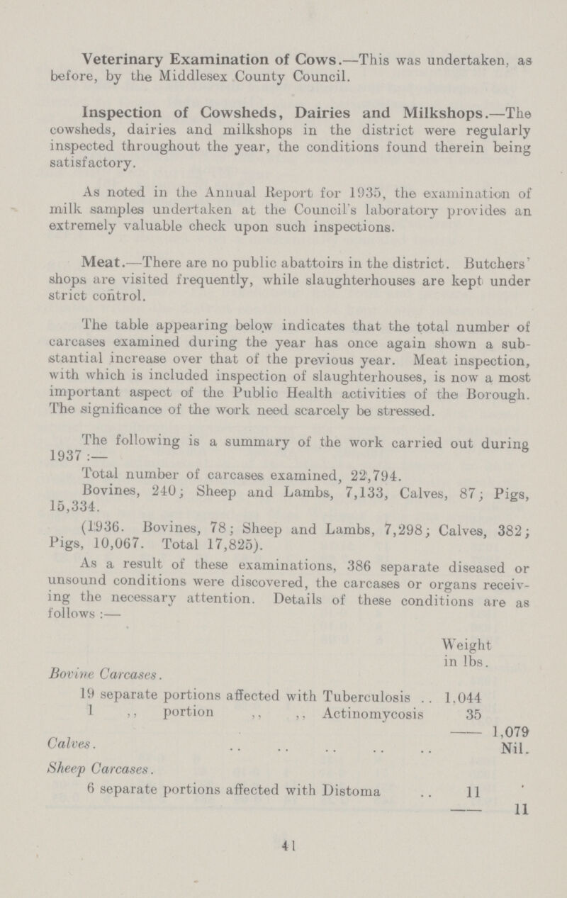 Veterinary Examination of Cows.—This was undertaken, as before, by the Middlesex County Council. Inspection of Cowsheds, Dairies and Milkshops.—The cowsheds, dairies and milkshops in the district were regularly inspected throughout the year, the conditions found therein being satisfactory. As noted in the Annual Report for 1935, the examination of milk samples undertaken at the Councils laboratory provides an extremely valuable check upon such inspections. Meat.—There are no public abattoirs in the district. Butchers shops are visited frequently, while slaughterhouses are kept under strict control. The table appearing below indicates that the total number of carcases examined during the year has once again shown a sub stantial increase over that of the previous year. Meat inspection, with which is included inspection of slaughterhouses, is now a most important aspect of the Public Health activities of the Borough. The significance of the woirk need scarcely be stressed. The following is a summary of the work carried out during 1937:— Total number of carcases examined, 22,794. Bovines, 240; Sheep and Lambs, 7,133, Calves, 87; Pigs, 15,334. (1936. Bovines, 78; Sheep and Lambs, 7,298; Calves, 382; Pigs, 10,067. Total 17,825). As a result of these examinations, 386 separate diseased or unsound conditions were discovered, the carcases or organs receiv ing the necessary attention. Details of these conditions are as follows:— Weight in lbs. Bovine Carcases. 19 separate portions affected with Tuberculosis 1,044 1 ,, portion ,, ,, Actinomycosis 35 1,079 Calves. Nil. Sheep Carcases. 6 separate portions affected with Distoma 11 11 41