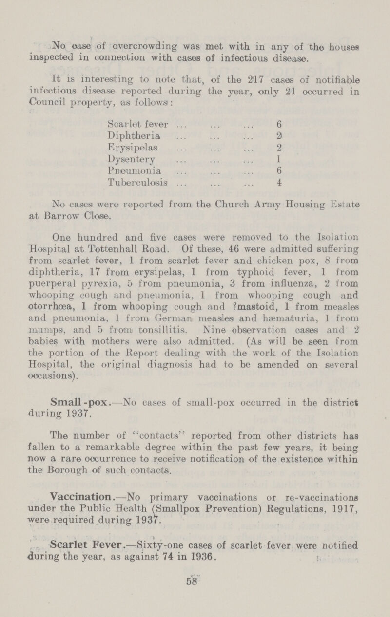 No case of overcrowding was met with in any of the houses inspected in connection with cases of infectious disease. It is interesting to note that, of the 217 cases of notifiable infectious disease reported during the year, only 21 occurred in Council property, as follows : Scarlet fever 6 Diphtheria 2 Erysipelas 2 Dysentery 1 Pneumonia 6 Tuberculosis 4 No cases were reported from the Church Army Housing Estate at Barrow Close. One hundred and five cases were removed to the Isolation Hospital at Tbttenhall Road. Of these, 46 were admitted suffering from scarlet fever, 1 from scarlet fever and chicken pox, 8 from diphtheria, 17 from erysipelas, 1 from typhoid fever, 1 from puerperal pyrexia, 5 from pneumonia, 3 from influenza, 2 from whooping cough and pneumonia, 1 from whooping cough and otorrhoea, 1 from whooping cough and ?mastoid, 1 from measles and pneumonia, 1 from German measles and hematuria, ] from mumps, and 5 from tonsillitis. Nine observation oases and 2 babies with mothers were also admitted. (As will be seen from the portion of the Report dealing with the work of the Isolation Hospital, the original diagnosis had to be amended on several occasions). Small-pox.—No cases of small-pox occurred in the district during 1937. The number of contacts reported from other districts has fallen to a remarkable degree within the past few years, it being now a rare occurrence to receive notification of the existence within the Borough of such contacts. Vaccination.—No primary vaccinations or re-vaccinationg under the Public Health (Smallpox Prevention) Regulations, 1917, were required during 1937. Scarlet Fever.—Sixty-one cases of scarlet fever were notified during the year, as against 74 in 1936. 58