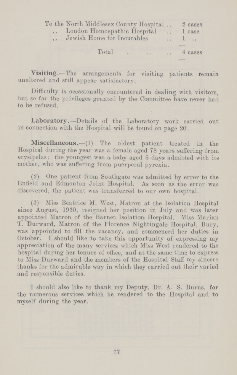 To the North Middlesex County Hospital 2 cases „ London Homoepathic Hospital 1 case „ Jewish Home for Incurables 1 „ Total 4 cases Visiting.—The arrangements for visiting patients remain unaltered and still appear satisfactory. Difficulty is occasionally encountered in dealing with visitors, but so far the privileges granted by the Committee have never had to be refused. Laboratory.—Details of the Laboratory work carried out in connection with the Hospital will be found on page 20. Miscellaneous.—(1) The oldest patient treated in the Hospital during the year was a female aged 78 years suffering from erysipelas; the youngest was a. baby aged 6 days admitted with its mother, who was suffering from puerperal pyrexia. (2) One patient from Southgate was admitted by error to the Enfield and Edmonton Joint Hospital. As soon as the error was discovered, the patient was transferred to our own hospital. (3) Miss Beatrice M. West, Matron at the Isolation Hospital since August, 1930, resigned her position in July and was later appointed Matron of the Barnet Isolation: Hospital. Miss Marian T. Durward, Matron of the Florence Nightingale Hospital, Bury, was appointed to fill the vacancy, and commenced her duties in October. I should like to take this opportunity of expressing my appreciation of the many services which Miss West rendered to the hospital during her tenure of office, and at the same time to express to Miss Durward and the members of the Hospital Staff my sincere thanks for the admirable way in which they carried out their varied and responsible duties. I should also like to thank my Deputy, Dr. A. S. Burns, for the numerous services which he rendered to the Hospital and to myself during the year. 77