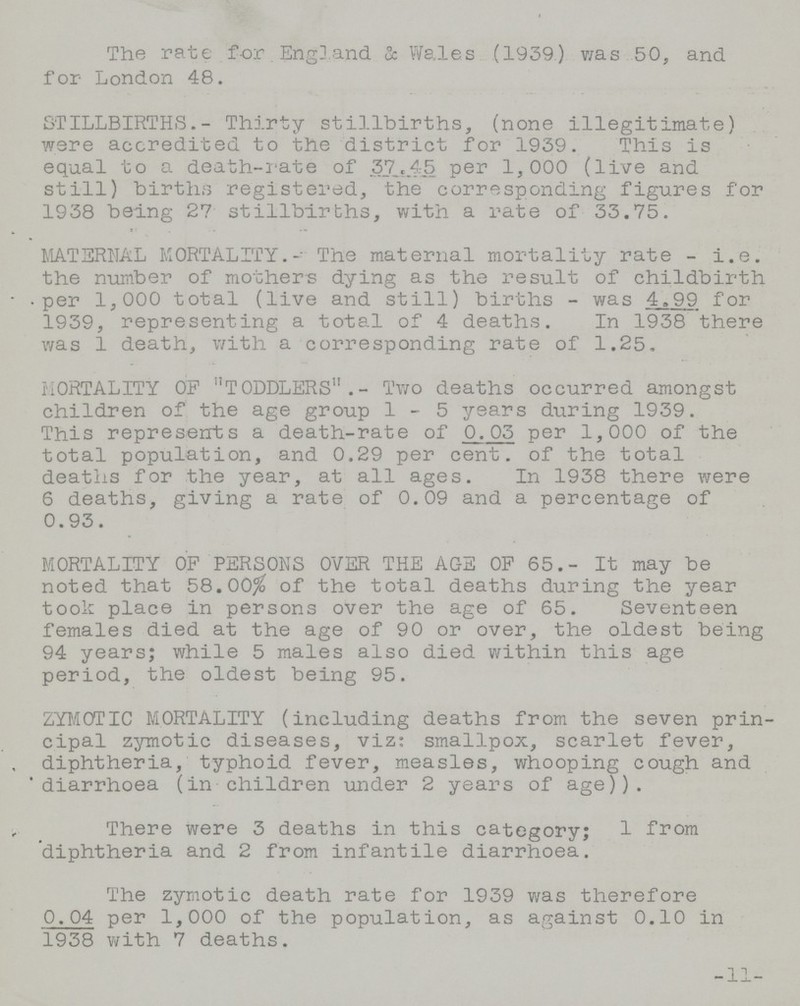 The rate for. Engl and & Wales (1939.) was 50, and for London 48. STILLBIRTHS.- Thirty stillbirths, (none illegitimate) were accredited to the district for 1939. This is equal to a death-rate of 37.45 per 1,000 (live and still) births registered, the corresponding figures for 1938 being 27 stillbirths, with a rate of 33.75. MATERNAL MORTALITY.-' The maternal mortality rate - i.e. the number of mothers dying as the result of childbirth per 1,000 total (live and still) births - was 4.99 for 1939, representing a total of 4 deaths. In 1938 there was 1 death, with a corresponding rate of 1.25. MORTALITY OP TODDLERS.- Two deaths occurred amongst children of the age group 1-5 years during 1939. This represents a death-rate of 0.03 per 1,000 of the total population, and 0.29 per cent. of the total deaths for the year, at all ages. In 1938 there were 6 deaths, giving a rate of 0.09 and a percentage of 0.93. MORTALITY OF PERSONS OVER THE AGE OF 65.- It may be noted that 58.00% of the total deaths during the year took place in persons over the age of 65. Seventeen females died at the age of 90 or over, the oldest being 94 years; while 5 males also died within this age period, the oldest being 95. ZYMOTIC MORTALITY (including deaths from the seven prin cipal zymotic diseases, viz: smallpox, scarlet fever, diphtheria, typhoid fever, measles, whooping cough and diarrhoea (in children under 2 years of age)). There were 3 deaths in this category; 1 from diphtheria and 2 from infantile diarrhoea. The zymotic death rate for 1939 was therefore 0.04 per 1,000 of the population, as against 0.10 in 1938 with 7 deaths. 11