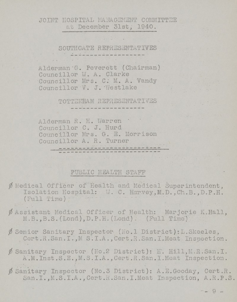 JOINT HOSPITAL MANAGEMENT COMMITTEE at December 31st, 1940. SOUTHGATE REPRESENTATIVES Alderman G. Peverett (Chairman) Councillor W. A. Clarke Councillor Mrs. C. M. A. Vandy Councillor V. J. Westlake T0TTENHAM REPRESENTATIVES Alderman R. K. Warren Councillor C. J. Hurd Councillor Mrs. G. E. Morrison Councillor A. R. Turner PUBLIC HEALTH STAFF Ø Medical Officer of Health and Medical Superintendent, Isolation Hospital: W. C. Harvey,M.D.,Ch.B.,D.P.H. (Full Time) Ø Assistant Medical Officer of Health: Marjorie K.Hall, M.B.,B.S. (Lond),D.P.H. (Lond) . (Full Time.) Ø Senior Sanitary Inspector (No.l District):L.Skeeles, Cert.R.San.I.,M S.I.A.,Cert.R.San.I.Meat Inspection. Ø Sanitary Inspector (No.2 District): H. Hill,M.B.San.I. A.M. Inst .S .E. ,M.S . I.A., Cert .R.San.I.Meat Inspection. Ø Sanitary Inspector (No.3 District): A.E.Gooday, Cert.R. San.I.,M.S.I.A.,Cert.R.San.I.Meat Inspection, A.R.P.S -9-