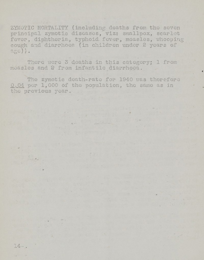 ZYMOTIC MORTALITY (including deaths from the seven principal zymotic diseases, viz: smallpox, scarlct fever, diphtheria, typhoid fever, measles, whooping cough and diarrhoea (in children under 2 years of age)). There were 3 deaths in this category; 1 from measles and 2 from infantile diarrhoea. The zymotic death-rate for 1940 was therefore 0.04 per 1,000 of the population, the same as in the previous year. 14