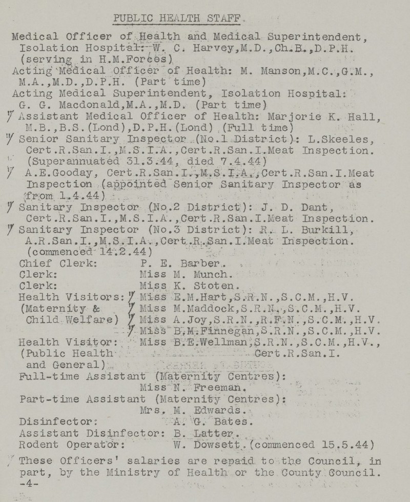 PUBLIC HEALTH STAFF. Medical Officer of .Health and Medical Superintendent, Isolation Hospital: W. C. Harvey, M. D., Ch.E. ,D. P. H. (serving.in H.M.Forces) Acting'Medical Officer of Health: M. Manson,M.C.,G.M., M.A.,M.D.,D.P.H. (Part time) Acting Medical Superintendent, Isolation Hospital: G. G. Macdonald,M.A.,M.D. (Part time) Assistant Medical Officer of Health: Marjorie K. Hall, M.B.,B.S.(Lond),D.P.H.(Lond) (Full time) Senior Sanitary Inspector (Ho.1 District)-: L.Skeeles, Cert .R .San. I. ,M.S. I.A., Cert .R .San. I.Meat Inspection. (Superannuated 51.3.44, died 7.4.44) A.E.Gooday, Cert .R. San. I, M-. S. I .A, ^ Cert .R.San. I. Meat Inspection (appointed Senior Sanitary Inspector as from 1..4.44) Sanitary Inspector (Ho.2 District): J. D. Dant, Cert .R.San.I.,M.S.I.A. ,Cert .R.San.I.Meat Inspection. Sanitary Inspector (No.3 District): R. L. Bur kill, A.R. San .1.,M.S. I.A., Cert. .R.San. I .Meat Inspection. (commenced'14.2.44) Chief Clerk: P. E. Barber. Clerk: Miss M. Munch. Clerk: Miss K. Stoten. Health Visitors: Miss E.M.Hart,S^-R.N. ,S.C.M. ,H.V. (Maternity & Child Welfare)Miss M.Maddock,S.R.lIv,S.C.M. ,H.V. Miss A.Joy,S.R.N.,R.F.N. ,S.C.M. ,H.V. Miss B.M. Finn eg an, 3 .R.N. ,S.C.M. ,H.V. Health Visitor: Miss B.E.Wellman,S.R.11., S.C.M., H.V., (Public Health Gert .R .San.I. and General) Full-time Assistant (Maternity Centres): Miss N. Freeman, Part-time Assistant (Maternity Centres): Mrs, M. Edwards. Disinfector: A. G. Bates. Assistant Disinfector: B. Latter. Rodent Operator: W. Dowsett. (commenced 15.5.44) These Officers' salaries are repaid to the Council, in part, by the Ministry of Health or the County Council. -4-