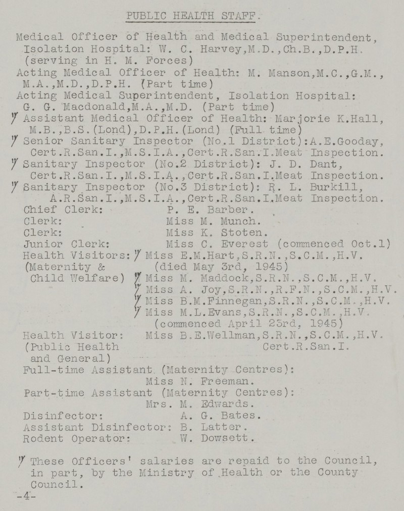 PUBLIC HEALTH STAFF. Medical Officer of Health and Medical Superintendent, Isolation Hospital: W. C. Harvey,M„D.,Ch.B.,D.P.H, (serving in H. M. Forces) Acting Medical Officer of Health: M. Manson,M.C.,G.M., M.A.,M.D.,D.P.H. (Part time) Acting Medical Superintendent, Isolation Hospital: G. G. Macdonald,M.A.,M.D. (Part time) 1/ Assistant Medical Officer of Health: Marjorie K.Hall, M.B.,B.S.(Lond),D.P.H.(Lond) (Full time) 1/ Senior Sanitary Inspector (No.l District):A.E.Gooday, Cert.R.San.I.,M.S.I.A.,Cert.R.San.I.Meat Inspection. 1/ Sanitary Inspector (No.2 District): J. D. Dant, Cert.R.San.I.,M.S.I.A.,Cert.R.San.I.Meat Inspection. 1/ Sanitary Inspector (No.3 District): R. L. Burkill, A.R.San. I. ,M.S. I. A., Cert. R.San. I., Meat Inspection. Chief Clerk: P. E. Barber. Clerk: Miss M. Munch. Clerk: Miss K. Stoten. Junior Clerk: Miss C. Everest (commenced Oct.1) Health Visitors: 1/ Miss E.M.Hart,S.R.N.,S.C.M.,H.V. (Maternity & (died May 3rd, 1945) Child Welfare) 1/ Miss M. Maddock,S.R.N.,S.C.M.,H.V. 7 Miss A. Joy,S.R.N.,R.F.N.,S.C.M.,H.V. 7 Miss B.M.Finnegan,S.R.N.,S.C.M,,H.V. 1/ Miss M.L.Evans,S.R.N.,S.C.M.,H.V. (commenced April 25rd, 1945) Health Visitor: Miss B.E.Wellman,S.R.N.,S.C.M.,H.V. (Public Health Cert.R.San.I. and General) Full-time Assistant. (Maternity Centres): Miss N. Freeman. Part-time Assistant (Maternity Centres): Mrs. M. Edwards. Disinfector: A. G. Bates. Assistant Disinfector: B. Latter. Rodent Operator: W. Dowsett. 1/ These Officers' salaries are repaid to the Council, in part, by the Ministry of Health or the County Council. -4-