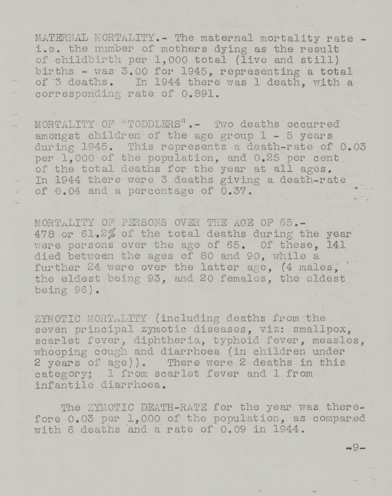 MATERNAL MORTALITY.- The maternal mortality rate i.e. the number of mothers dying as the result of childbirth per 1,000 total (live and still) births - was 3.00 for 1945, representing a total of '3 deaths. In 1944 there was 1 death, with a corresponding rate of 0.891. MORTALITY OF TODDLERS.- Two deaths occurred amongst children of the age group 1-5 years during 1945. This represents a death-rate of 0.03 per 1,000 of the population, and 0.25 per cent of the total deaths for the year at all ages. In 1944 there were 3 deaths giving a. death-rate of 0.04 and a percentage of 0.37. MORTALITY OF PERSONS OVER THE AGE OF 65. 478 or 61.2% of the total deaths during the year were persons over the age of 65. Of these, 141 died between the ages of 80 and 90, while a further 24 were over the latter age, (4 males, the eldest being 93, and 20 females, the eldest being 96). ZYMOTIC MORTALITY (including deaths from the seven principal zymotic diseases, viz: smallpox, scarlet fever, diphtheria, typhoid fever, measles, whooping cough and diarrhoea (in children under 2 years of age)). There were 2 deaths in this category; 1 from scarlet fever and 1 from infantile diarrhoea. The ZYMOTIC DEATH-RATE for the year was there fore 0.03 per 1,000 of the population, as compared with 6 deaths and a rate of 0.09 in 1944. -9-