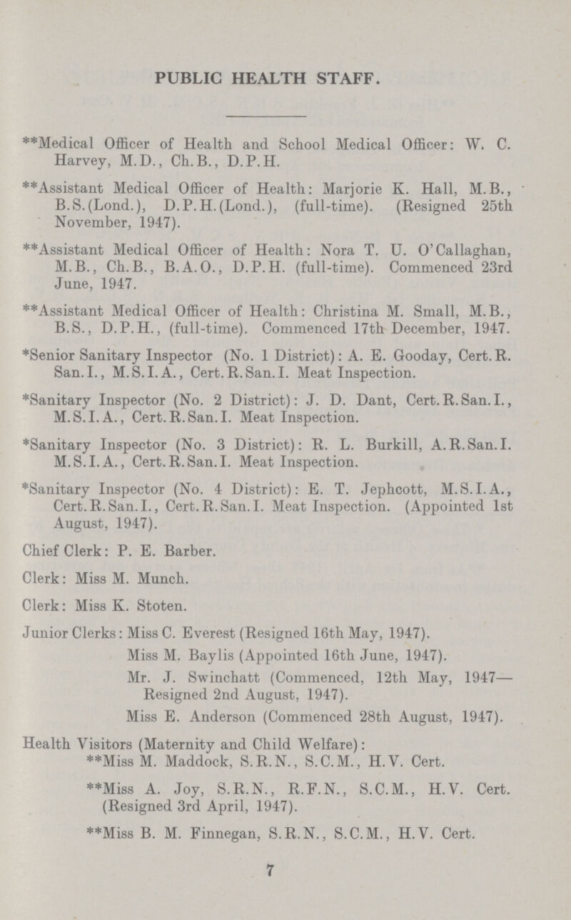 PUBLIC HEALTH STAFF. **Medical Officer of Health and School Medical Officer: W. C. Harvey, M.D., Ch.B., D.P.H. **Assistant Medical Officer of Health: Marjorie K. Hall, M.B., B.S. (Lond.), D.P.H.(Lond.), (full-time). (Resigned 25th November, 1947). **Assistant Medical Officer of Health: Nora T. U. O'Callaghan, M.B., Ch.B., B.A.0., D.P.H. (full-time). Commenced 23rd June, 1947. **Assistant Medical Officer of Health: Christina M. Small, M.B., B.S., D.P.H., (full-time). Commenced 17th December, 1947. *Senior Sanitary Inspector (No. 1 District): A. E. Gooday, Cert. R. San.I., M.S.I.A., Cert.R.San.I. Meat Inspection. *Sanitary Inspector (No. 2 District): J. D. Dant, Cert.R.San.I., M.S.I.A., Cert.R.San.I. Meat Inspection. *Sanitary Inspector (No. 3 District): R. L. Burkill, A.R.San.I. M.S.I.A., Cert.R.San.I. Meat Inspection. *Sanitary Inspector (No. 4 District): E. T. Jephcott, M.S.I.A., Cert.R.San.I., Cert.R.San.I. Meat Inspection. (Appointed 1st August, 1947). Chief Clerk: P. E. Barber. Clerk: Miss M. Munch. Clerk: Miss K. Stoten. Junior Clerks: Miss C. Everest (Resigned 16th May, 1947). Miss M. Baylis (Appointed 16th June, 1947). Mr. J. Swinchatt (Commenced, 12th May, 1947— Resigned 2nd August, 1947). Miss E. Anderson (Commenced 28th August, 1947). Health Visitors (Maternity and Child Welfare): **Miss M. Maddock, S.R.N., S.C.M., H.V. Cert. **Miss A. Joy, S.R.N., R.F.N., S.C.M., H.V. Cert. (Resigned 3rd April, 1947). **Miss B. M. Finnegan, S.R.N., S.C.M., H.V. Cert. 7