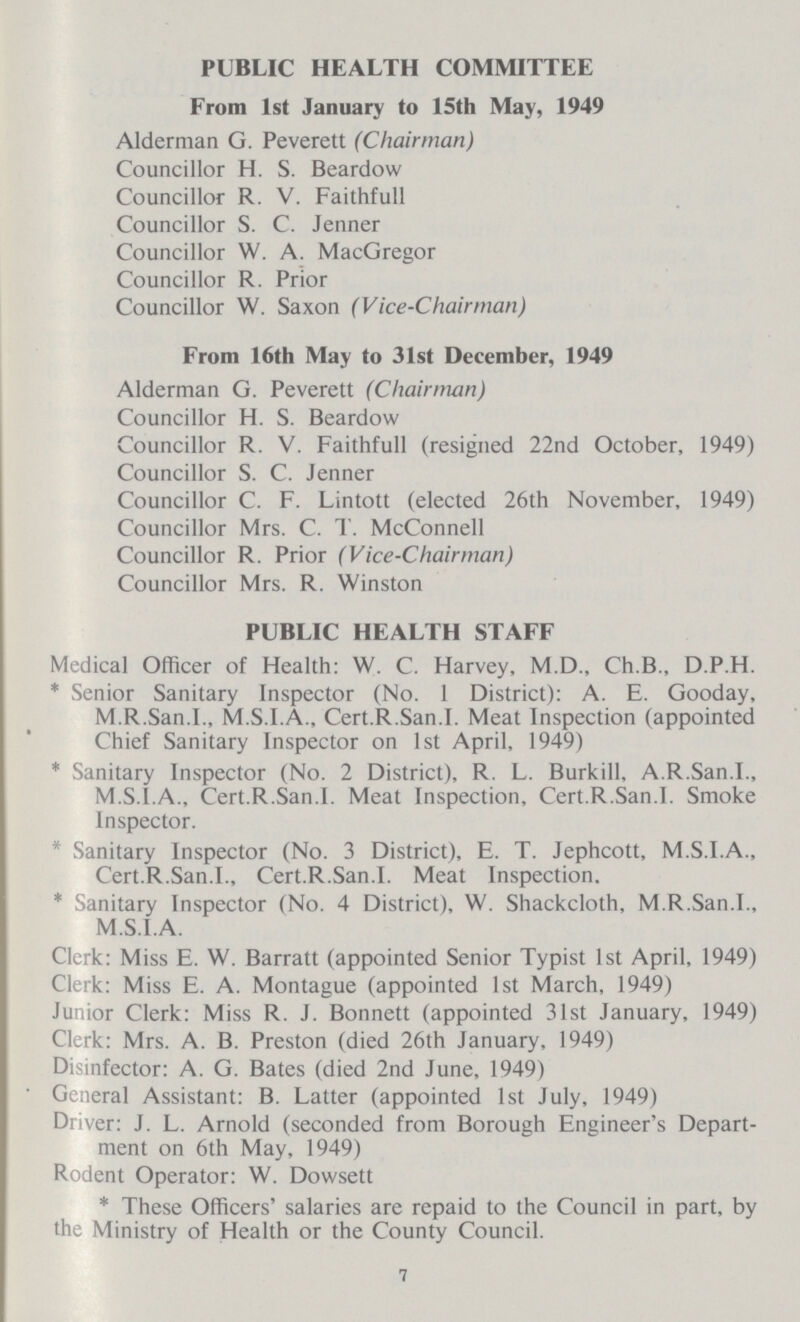 PUBLIC HEALTH COMMITTEE From 1st January to 15th May, 1949 Alderman G. Peverett (Chairman) Councillor H. S. Beardow Councillor R. V. Faithfull Councillor S. C. Jenner Councillor W. A. MacGregor Councillor R. Prior Councillor W. Saxon (Vice-Chairman) From 16th May to 31st December, 1949 Alderman G. Peverett (Chairman) Councillor H. S. Beardow Councillor R. V. Faithfull (resigned 22nd October, 1949) Councillor S. C. Jenner Councillor C. F. Lintott (elected 26th November, 1949) Councillor Mrs. C. T. McConnell Councillor R. Prior (Vice-Chairman) Councillor Mrs. R. Winston PUBLIC HEALTH STAFF Medical Officer of Health: W. C. Harvey, M.D., Ch.B., D.P.H. *Senior Sanitary Inspector (No. 1 District): A. E. Gooday, M.R.San.I., M.S.I.A., Cert.R.San.I. Meat Inspection (appointed Chief Sanitary Inspector on 1st April. 1949) *Sanitary Inspector (No. 2 District), R. L. Burkill, A.R.San.I., M.S.I.A., Cert.R.San.I. Meat Inspection, Cert.R.San.I. Smoke Inspector. *Sanitary Inspector (No. 3 District), E. T. Jephcott, M.S.I.A., Cert.R.San.I., Cert.R.San.I. Meat Inspection. *Sanitary Inspector (No. 4 District), W. Shackcloth, M.R.San.I., M.S.I.A. Clerk: Miss E. W. Barratt (appointed Senior Typist 1st April, 1949) Clerk: Miss E. A. Montague (appointed 1st March, 1949) Junior Clerk: Miss R. J. Bonnett (appointed 31st January, 1949) Clerk: Mrs. A. B. Preston (died 26th January, 1949) Disinfector: A. G. Bates (died 2nd June, 1949) General Assistant: B. Latter (appointed 1st July, 1949) Driver: J. L. Arnold (seconded from Borough Engineer's Depart ment on 6th May, 1949) Rodent Operator: W. Dowsett *These Officers' salaries are repaid to the Council in part, by the Ministry of Health or the County Council. 7