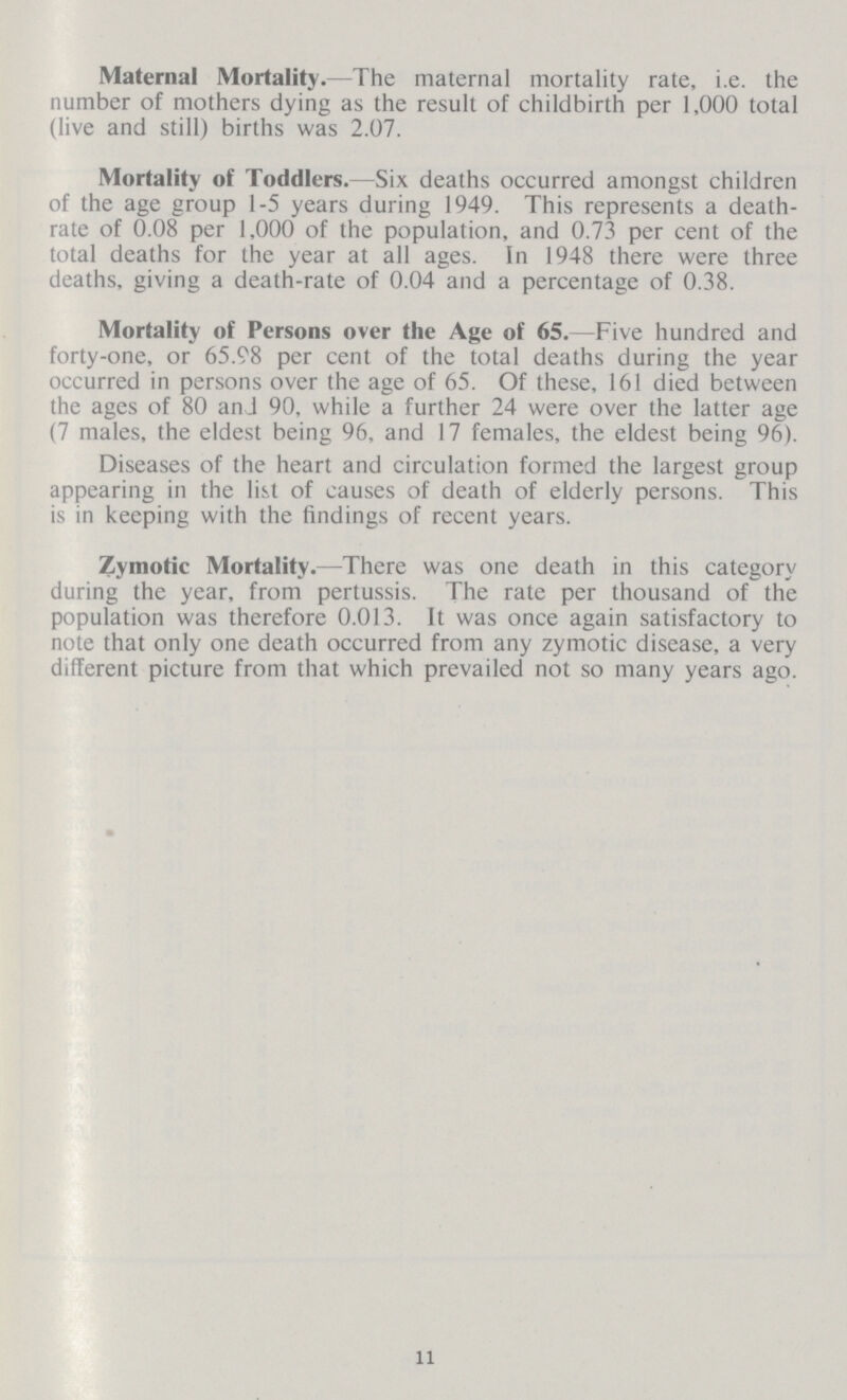 Maternal Mortality.—The maternal mortality rate, i.e. the number of mothers dying as the result of childbirth per 1,000 total (live and still) births was 2.07. Mortality of Toddlers.—Six deaths occurred amongst children of the age group 1-5 years during 1949. This represents a death rate of 0.08 per 1,000 of the population, and 0.73 per cent of the total deaths for the year at all ages. In 1948 there were three deaths, giving a death-rate of 0.04 and a percentage of 0.38. Mortality of Persons over the Age of 65.—Five hundred and forty-one, or 65.98 per cent of the total deaths during the year occurred in persons over the age of 65. Of these, 161 died between the ages of 80 and 90, while a further 24 were over the latter age (7 males, the eldest being 96, and 17 females, the eldest being 96). Diseases of the heart and circulation formed the largest group appearing in the list of causes of death of elderly persons. This is in keeping with the findings of recent years. Zymotic Mortality.—There was one death in this category during the year, from pertussis. The rate per thousand of the population was therefore 0.013. It was once again satisfactory to note that only one death occurred from any zymotic disease, a very different picture from that which prevailed not so many years ago. 11