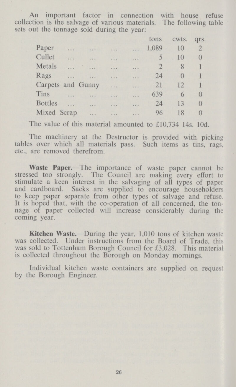 An important factor in connection with house refuse collection is the salvage of various materials. The following table sets out the tonnage sold during the year: tons cwts. qrs. Paper 1,089 10 2 Cullet 5 10 0 Metals 2 8 1 Rags 24 0 1 Carpets and Gunny 21 12 1 Tins 639 6 0 Bottles 24 13 0 Mixed Scrap 96 18 0 The value of this material amounted to £10,734 14s. lOd. The machinery at the Destructor is provided with picking tables over which all materials pass. Such items as tins, rags, etc., are removed therefrom. Waste Paper.—The importance of waste paper cannot be stressed too strongly. The Council are making every effort to stimulate a keen interest in the salvaging of all types of paper and cardboard. Sacks are supplied to encourage householders to keep paper separate from other types of salvage and refuse. It is hoped that, with the co-operation of all concerned, the ton nage of paper collected will increase considerably during the coming year. Kitchen Waste.—During the year, 1,010 tons of kitchen waste was collected. Under instructions from the Board of Trade, this was sold to Tottenham Borough Council for £3,028. This material is collected throughout the Borough on Monday mornings. Individual kitchen waste containers are supplied on request by the Borough Engineer. 26