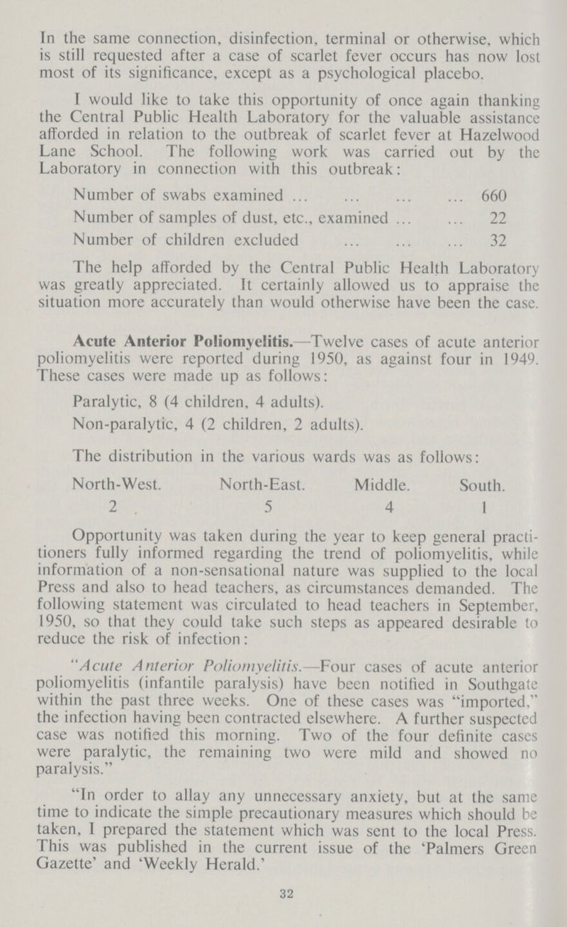 In the same connection, disinfection, terminal or otherwise, which is still requested after a case of scarlet fever occurs has now lost most of its significance, except as a psychological placebo. I would like to take this opportunity of once again thanking the Central Public Health Laboratory for the valuable assistance afforded in relation to the outbreak of scarlet fever at Hazelwood Lane School. The following work was carried out by the Laboratory in connection with this outbreak: Number of swabs examined 660 Number of samples of dust, etc., examined 22 Number of children excluded 32 The help afforded by the Central Public Health Laboratory was greatly appreciated. It certainly allowed us to appraise the situation more accurately than would otherwise have been the case. Acute Anterior Poliomyelitis.—Twelve cases of acute anterior poliomyelitis were reported during 1950, as against four in 1949. These cases were made up as follows: Paralytic, 8 (4 children, 4 adults). Non-paralytic, 4 (2 children, 2 adults). The distribution in the various wards was as follows: North-West. North-East. Middle. South. 2 5 4 1 Opportunity was taken during the year to keep general practi tioners fully informed regarding the trend of poliomyelitis, while information of a non-sensational nature was supplied to the local Press and also to head teachers, as circumstances demanded. The following statement was circulated to head teachers in September, 1950, so that they could take such steps as appeared desirable to reduce the risk of infection: Acute Anterior Poliomyelitis.—Four cases of acute anterior poliomyelitis (infantile paralysis) have been notified in Southgate within the past three weeks. One of these cases was imported, the infection having been contracted elsewhere. A further suspected case was notified this morning. Two of the four definite cases were paralytic, the remaining two were mild and showed no paralysis. In order to allay any unnecessary anxiety, but at the same time to indicate the simple precautionary measures which should be taken, I prepared the statement which was sent to the local Press. This was published in the current issue of the 'Palmers Green Gazette' and 'Weekly Herald.' 32