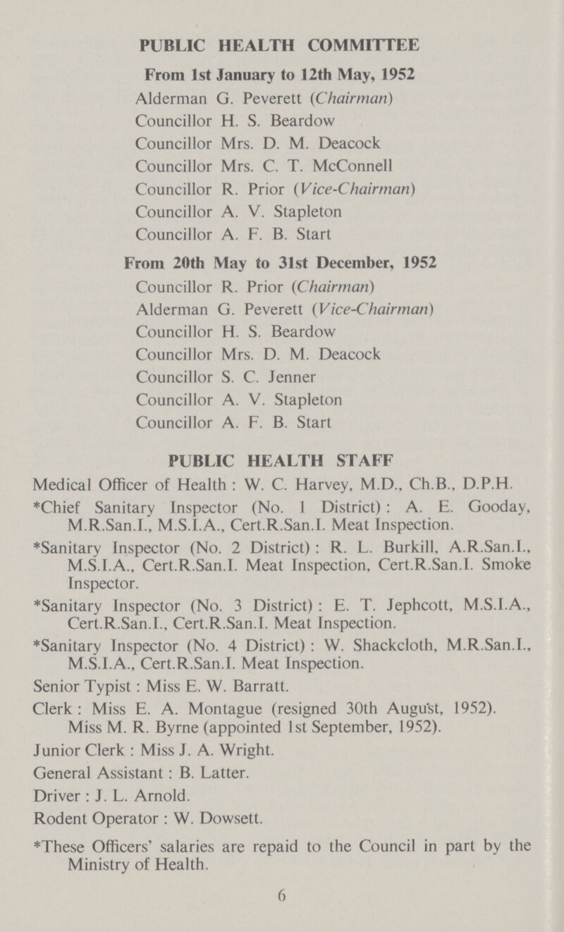 PUBLIC HEALTH COMMITTEE From 1st January to 12th May, 1952 Alderman G. Peverett (Chairman) Councillor H. S. Beardow Councillor Mrs. D. M. Deacock Councillor Mrs. C. T. McConnell Councillor R. Prior (Vice-Chairman) Councillor A. V. Stapleton Councillor A. F. B. Start From 20th May to 31st December, 1952 Councillor R. Prior (Chairman) Alderman G. Peverett (Vice-Chairman) Councillor H. S. Beardow Councillor Mrs. D. M. Deacock Councillor S. C. Jenner Councillor A. V. Stapleton Councillor A. F. B. Start PUBLIC HEALTH STAFF Medical Officer of Health: W. C. Harvey, M.D., Ch.B., D.P.H. *Chief Sanitary Inspector (No. 1 District) : A. E. Gooday, M.R.San.I., M.S.I.A., Cert.R.San.I. Meat Inspection. *Sanitary Inspector (No. 2 District) : R. L. Burkill, A.R.San.I, M.S.I.A., Cert.R.San.I. Meat Inspection, Cert.R.San.I. Smoke Inspector. *Sanitary Inspector (No. 3 District): E. T. Jephcott, M.S.I.A., Cert.R.San.I., Cert.R.San.I. Meat Inspection. *Sanitary Inspector (No. 4 District): W. Shackcloth, M.R.San.I., M.S.I.A., Cert.R.San.I. Meat Inspection. Senior Typist: Miss E. W. Barratt. Clerk: Miss E. A. Montague (resigned 30th Augu'st, 1952). Miss M. R. Byrne (appointed 1st September, 1952). Junior Clerk: Miss J. A. Wright. General Assistant: B. Latter. Driver : J. L. Arnold. Rodent Operator : W. Dowsett. *These Officers' salaries are repaid to the Council in part by the Ministry of Health. 6