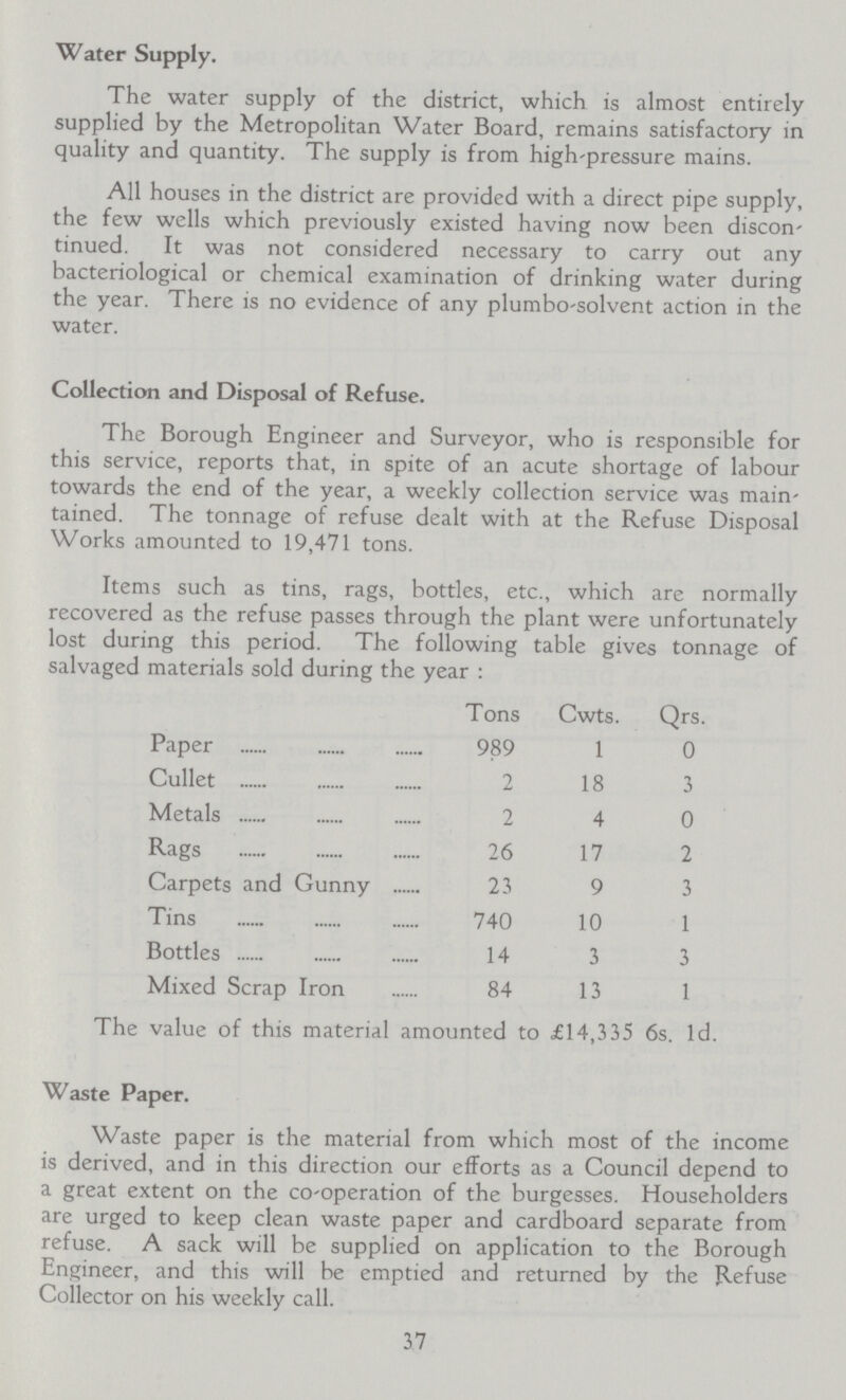 Water Supply. The water supply of the district, which is almost entirely supplied by the Metropolitan Water Board, remains satisfactory in quality and quantity. The supply is from high-pressure mains. All houses in the district are provided with a direct pipe supply, the few wells which previously existed having now been discon tinued. It was not considered necessary to carry out any bacteriological or chemical examination of drinking water during the year. There is no evidence of any plumbo-solvent action in the water. Collection and Disposal of Refuse. The Borough Engineer and Surveyor, who is responsible for this service, reports that, in spite of an acute shortage of labour towards the end of the year, a weekly collection service was main tained. The tonnage of refuse dealt with at the Refuse Disposal Works amounted to 19,471 tons. Items such as tins, rags, bottles, etc., which are normally recovered as the refuse passes through the plant were unfortunately lost during this period. The following table gives tonnage of salvaged materials sold during the year: Tons Cwts. Qrs. Paper 989 1 0 Cullet 2 18 3 Metals 2 4 0 Rags 26 17 2 Carpets and Gunny 23 9 3 Tins 740 10 1 Bottles 14 3 3 Mixed Scrap Iron 84 13 1 The value of this material amounted to £14,335 6s. 1d. Waste Paper. Waste paper is the material from which most of the income is derived, and in this direction our efforts as a Council depend to a great extent on the co-operation of the burgesses. Householders are urged to keep clean waste paper and cardboard separate from refuse. A sack will be supplied on application to the Borough Engineer, and this will be emptied and returned by the Refuse Collector on his weekly call. 37