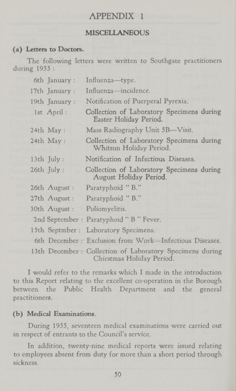 APPENDIX 1 MISCELLANEOUS (a) Letters to Doctors. The following letters were written to Southgate practitioners during 1955 : 6th January : Influenza—type. 17th January : Influenza—incidence. 19th January : Notification of Puerperal Pyrexia. 1st April : Collection of Laboratory Specimens during Easter Holiday Period. 24th May : Mass Radiography Unit 5B—Visit. 24th May : Collection of Laboratory Specimens during Whitsun Holiday Period. 13th July: Notification of Infectious Diseases. 26th July : Collection of Laboratory Specimens during August Holiday Period. 26th August : Paratyphoid “ B.” 27th August : Paratyphoid “ B.” 30th August : Poliomyelitis. 2nd September : Paratyphoid “ B ” Fever. 15th Septmber : Laboratory Specimens. 6th December : Exclusion from Work—Infectious Diseases. 13th December : Collection of Laboratory Specimens during Chirstmas Holiday Period. I would refer to the remarks which I made in the introduction to this Report relating to the excellent Co-operation in the Borough between the Public Health Department and the general practitioners. (b) Medical Examinations. During 1955, seventeen medical examinations were carried out in respect of entrants to the Council's service. In addition, twenty-nine medical reports were issued relating to employees absent from duty for more than a short period through sickness. 50