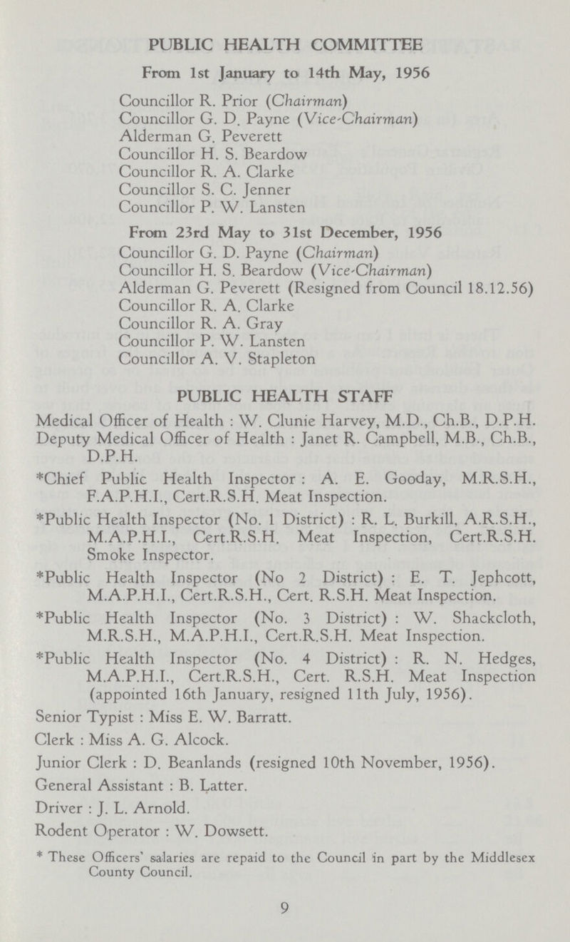 PUBLIC HEALTH COMMITTEE From 1st January to 14th May, 1956 Councillor R. Prior (Chairman) Councillor G. D. Payne (Vice-Chairman) Alderman G. Peverett Councillor H. S. Beardow Councillor R. A. Clarke Councillor S. C. Jenner Councillor P. W. Lansten From 23rd May to 31st December, 1956 Councillor G. D. Payne (Chairman) Councillor H. S. Beardow (Vice-Chairman) Alderman G. Peverett (Resigned from Council 18.12.56) Councillor R. A. Clarke Councillor R. A. Gray Councillor P. W. Lansten Councillor A. V. Stapleton PUBLIC HEALTH STAFF Medical Officer of Health: W. Clunie Harvey, M.D., Ch.B., D.P.H. Deputy Medical Officer of Health: Janet R. Campbell, M.B., Ch.B., D.P.H. *Chief Public Health Inspector: A. E. Gooday, M.R.S.H., F.A.P.H.I., Cert.R.S.H. Meat Inspection. *Public Health Inspector (No. 1 District): R. L, Burkill, A.R.S.H., M.A.P.H.I., Cert.R.S.H. Meat Inspection, Cert.R.S.H. Smoke Inspector. *Public Health Inspector (No 2 District): E. T. Jephcott, M.A.P.H.I., Cert.R.S.H., Cert. R.S.H. Meat Inspection. *Public Health Inspector (No. 3 District): W. Shackcloth, M.R.S.H., M.A.P.H.I., Cert.R.S.H. Meat Inspection. *Public Health Inspector (No. 4 District): R. N. Hedges, M.A.P.H.I., Cert.R.S.H., Cert. R.S.H. Meat Inspection (appointed 16th January, resigned 11th July, 1956). Senior Typist: Miss E. W. Barratt. Clerk: Miss A. G. Alcock. Junior Clerk: D. Beanlands (resigned 10th November, 1956). General Assistant: B. Latter. Driver: J. L. Arnold. Rodent Operator: W. Dowsett. * These Officers' salaries are repaid to the Council in part by the Middlesex County Council. 9