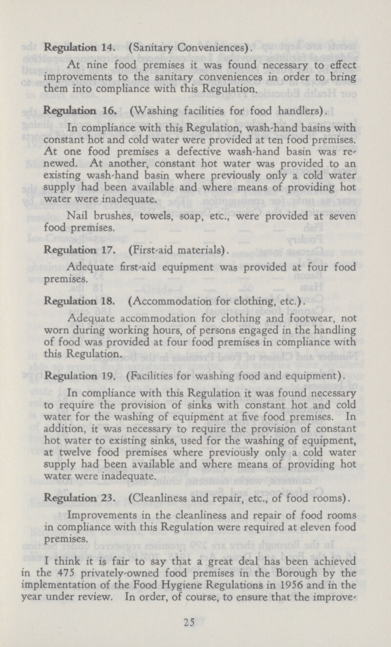 Regulation 14. (Sanitary Conveniences). At nine food premises it was found necessary to effect improvements to the sanitary conveniences in order to bring them into compliance with this Regulation. Regulation 16. (Washing facilities for food handlers). In compliance with this Regulation, wash-hand basins with constant hot and cold water were provided at ten food premises. At one food premises a defective wash-hand basin was re newed. At another, constant hot water was provided to an existing wash-hand basin where previously only a cold water supply had been available and where means of providing hot water were inadequate. Nail brushes, towels, soap, etc., were provided at seven food premises. Regulation 17. (First-aid materials). Adequate first-aid equipment was provided at four food premises. Regulation 18. (Accommodation for clothing, etc.). Adequate accommodation for clothing and footwear, not worn during working hours, of persons engaged in the handling of food was provided at four food premises in compliance with this Regulation. Regulation 19. (Facilities for washing food and equipment). In compliance with this Regulation it was found necessary to require the provision of sinks with constant hot and cold water for the washing of equipment at five food premises. In addition, it was necessary to require the provision of constant hot water to existing sinks, used for the washing of equipment, at twelve food premises where previously only a cold water supply had been available and where means of providing hot water were inadequate. Regulation 23. (Cleanliness and repair, etc., of food rooms). Improvements in the cleanliness and repair of food rooms in compliance with this Regulation were required at eleven food premises. I think it is fair to say that a great deal has been achieved in the 475 privately-owned food premises in the Borough by the implementation of the Food Hygiene Regulations in 1956 and in the year under review. In order, of course, to ensure that the improve¬ 25