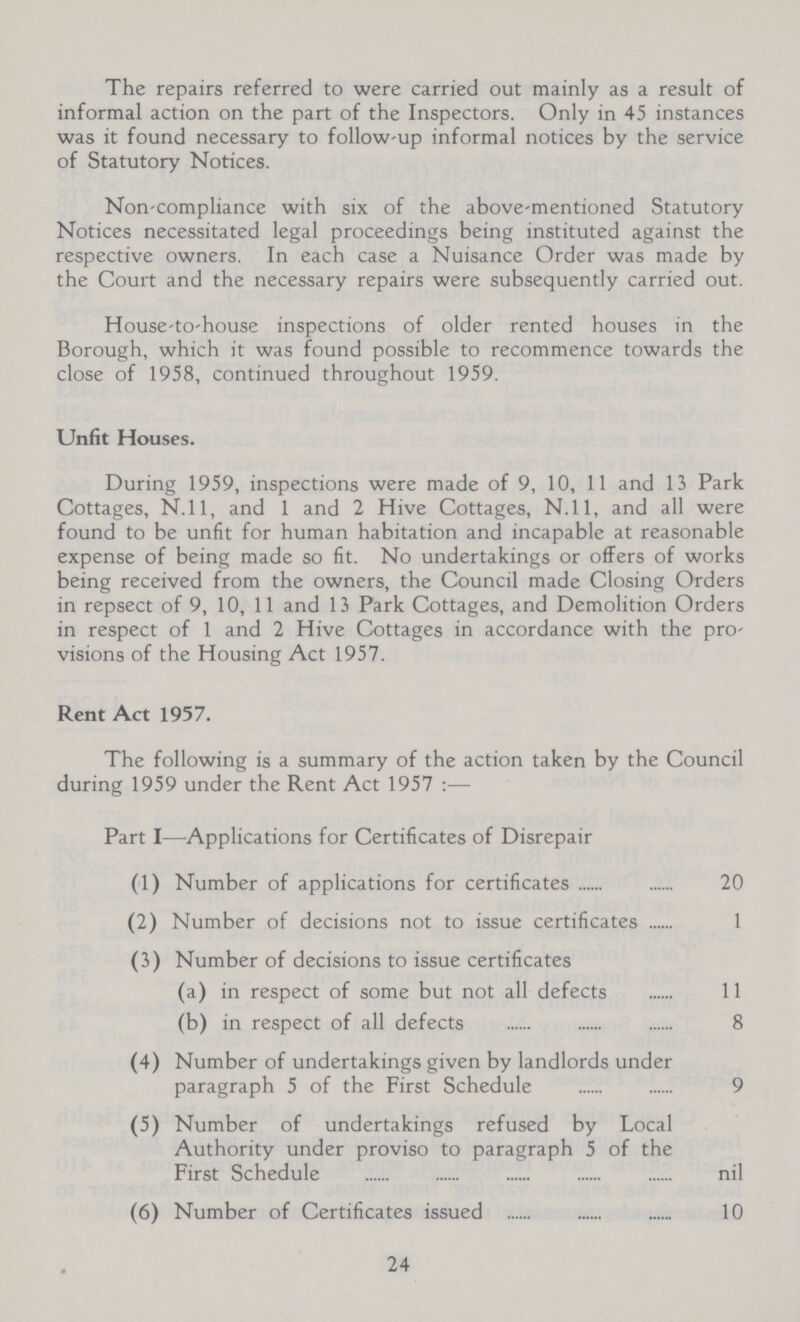 The repairs referred to were carried out mainly as a result of informal action on the part of the Inspectors. Only in 45 instances was it found necessary to follow-up informal notices by the service of Statutory Notices. Non-compliance with six of the above-mentioned Statutory Notices necessitated legal proceedings being instituted against the respective owners. In each case a Nuisance Order was made by the Court and the necessary repairs were subsequently carried out. House-to-house inspections of older rented houses in the Borough, which it was found possible to recommence towards the close of 1958, continued throughout 1959. Unfit Houses. During 1959, inspections were made of 9, 10, 11 and 13 Park Cottages, N.11, and 1 and 2 Hive Cottages, N.11, and all were found to be unfit for human habitation and incapable at reasonable expense of being made so fit. No undertakings or offers of works being received from the owners, the Council made Closing Orders in repsect of 9, 10, 11 and 13 Park Cottages, and Demolition Orders in respect of 1 and 2 Hive Cottages in accordance with the pro visions of the Housing Act 1957. Rent Act 1957. The following is a summary of the action taken by the Council during 1959 under the Rent Act 1957:— Part I—Applications for Certificates of Disrepair (1) Number of applications for certificates 20 (2) Number of decisions not to issue certificates 1 (3) Number of decisions to issue certificates (a) in respect of some but not all defects 11 (b) in respect of all defects 8 (4) Number of undertakings given by landlords under paragraph 5 of the First Schedule 9 (5) Number of undertakings refused by Local Authority under proviso to paragraph 5 of the First Schedule nil (6) Number of Certificates issued 10 24