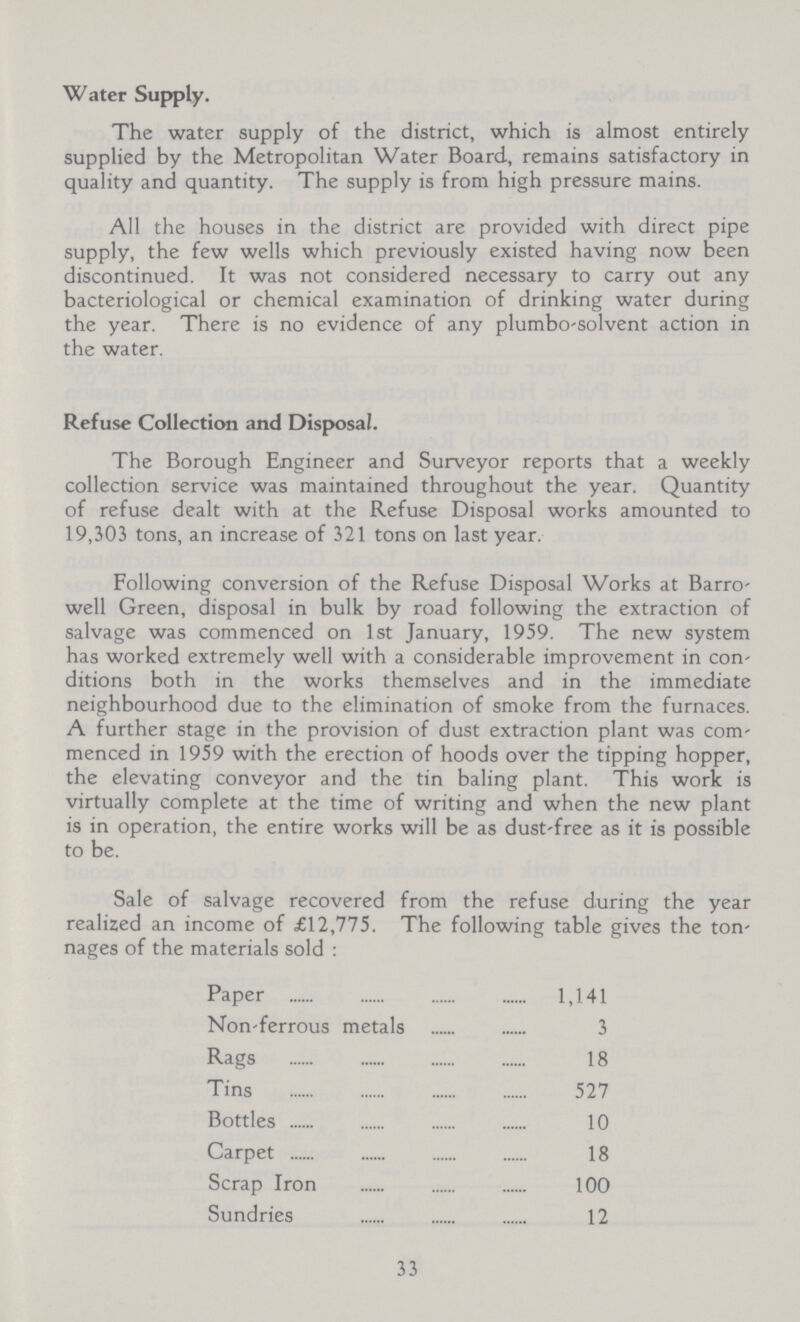 Water Supply. The water supply of the district, which is almost entirely supplied by the Metropolitan Water Board, remains satisfactory in quality and quantity. The supply is from high pressure mains. All the houses in the district are provided with direct pipe supply, the few wells which previously existed having now been discontinued. It was not considered necessary to carry out any bacteriological or chemical examination of drinking water during the year. There is no evidence of any plumbo-solvent action in the water. Refuse Collection and Disposal. The Borough Engineer and Surveyor reports that a weekly collection service was maintained throughout the year. Quantity of refuse dealt with at the Refuse Disposal works amounted to 19,303 tons, an increase of 321 tons on last year. Following conversion of the Refuse Disposal Works at Barro well Green, disposal in bulk by road following the extraction of salvage was commenced on 1st January, 1959. The new system has worked extremely well with a considerable improvement in con ditions both in the works themselves and in the immediate neighbourhood due to the elimination of smoke from the furnaces. A further stage in the provision of dust extraction plant was com menced in 1959 with the erection of hoods over the tipping hopper, the elevating conveyor and the tin baling plant. This work is virtually complete at the time of writing and when the new plant is in operation, the entire works will be as dust-free as it is possible to be. Sale of salvage recovered from the refuse during the year realized an income of £12,775. The following table gives the ton nages of the materials sold: Paper 1,141 Non-ferrous metals 3 Rags 18 Tins 527 Bottles 10 Carpet 18 Scrap Iron 100 Sundries 12 33