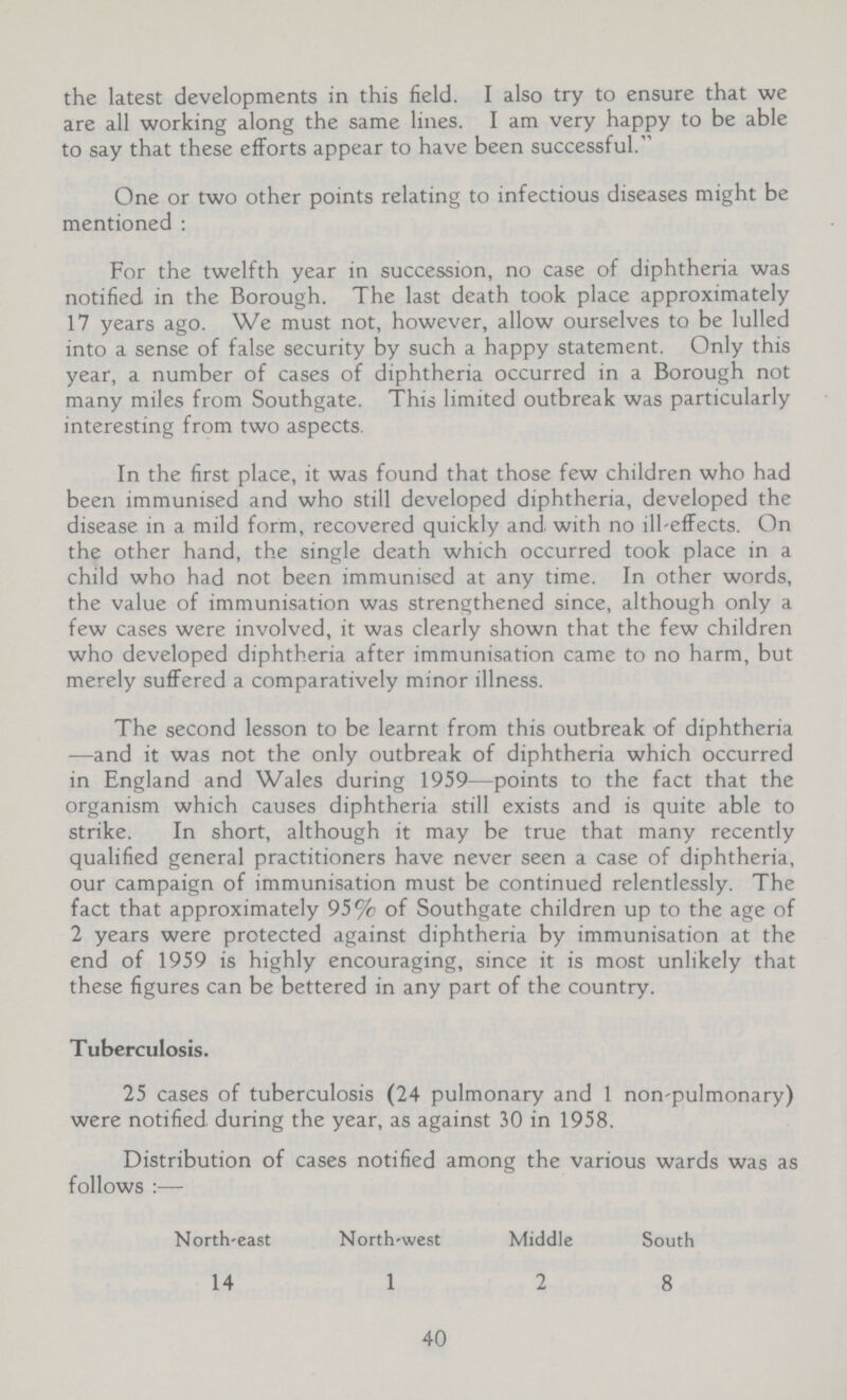 the latest developments in this field. I also try to ensure that we are all working along the same lines. I am very happy to be able to say that these efforts appear to have been successful. One or two other points relating to infectious diseases might be mentioned: For the twelfth year in succession, no case of diphtheria was notified in the Borough. The last death took place approximately 17 years ago. We must not, however, allow ourselves to be lulled into a sense of false security by such a happy statement. Only this year, a number of cases of diphtheria occurred in a Borough not many miles from Southgate. This limited outbreak was particularly interesting from two aspects. In the first place, it was found that those few children who had been immunised and who still developed diphtheria, developed the disease in a mild form, recovered quickly and. with no ill-effects. On the other hand, the single death which occurred took place in a child who had not been immunised at any time. In other words, the value of immunisation was strengthened since, although only a few cases were involved, it was clearly shown that the few children who developed diphtheria after immunisation came to no harm, but merely suffered a comparatively minor illness. The second lesson to be learnt from this outbreak of diphtheria —and it was not the only outbreak of diphtheria which occurred in England and Wales during 1959—points to the fact that the organism which causes diphtheria still exists and is quite able to strike. In short, although it may be true that many recently qualified general practitioners have never seen a case of diphtheria, our campaign of immunisation must be continued relentlessly. The fact that approximately 95% of Southgate children up to the age of 2 years were protected against diphtheria by immunisation at the end of 1959 is highly encouraging, since it is most unlikely that these figures can be bettered in any part of the country. Tuberculosis. 25 cases of tuberculosis (24 pulmonary and 1 non-pulmonary) were notified during the year, as against 30 in 1958. Distribution of cases notified among the various wards was as follows:— North-east 14 North-west 1 Middle 2 South 8 40
