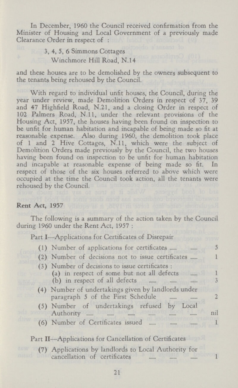 In December, 1960 the Council received confirmation from the Minister of Housing and Local Government of a previously made Clearance Order in respect of : 3, 4, 5, 6 Simmons Cottages Winchmore Hill Road, N.14 and these houses are to be demolished by the owners subsequent to the tenants being rehoused by the Council. With regard to individual unfit houses, the Council, during the year under review, made Demolition Orders in respect of 37, 39 and 47 Highfield Road, N.21, and a closing Order in respect of 102 Palmers Road, N.ll, under the relevant provisions of the Housing Act, 1957, the houses having been found on inspection to be unfit for human habitation and incapable of being made so fit at reasonable expense. Also during 1960, the demolition took place of 1 and 2 Hive Cottages, N.ll, which were the subject of Demolition Orders made previously by the Council, the two houses having been found on inspection to be unfit for human habitation and incapable at reasonable expense of being made so fit. In respect of those of the six houses referred to above which were occupied at the time the Council took action, all the tenants were rehoused by the Council. Rent Act, 1957 The following is a summary of the action taken by the Council during 1960 under the Rent Act, 1957: Part I—Applications for Certificates of Disrepair (1) Number of applications for certificates 5 (2) Number of decisions not to issue certificates 1 (3) Number of decisions to issue certificates: (a) in respect of some but not all defects 1 (b) in respect of all defects 3 (4) Number of undertakings given by landlords under paragraph 5 of the First Schedule 2 (5) Number of undertakings refused by Local Authority nil (6) Number of Certificates issued 1 Part II—Applications for Cancellation of Certificates (7) Applications by landlords to Local Authority for cancellation of certificates 1 21