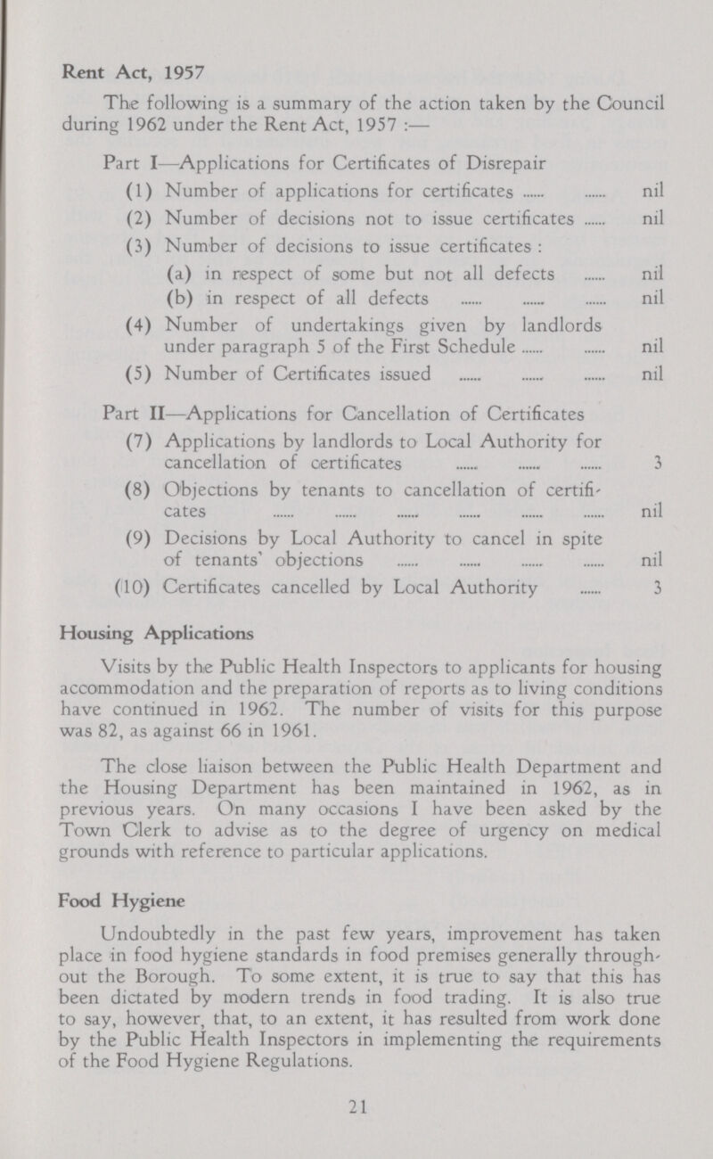 Rent Act, 1957 The following is a summary of the action taken by the Council during 1962 under the Rent Act, 1957:— Part I—Applications for Certificates of Disrepair (1) Number of applications for certificates nil (2) Number of decisions not to issue certificates nil (3) Number of decisions to issue certificates: (a) in respect of some but not all defects nil (b) in respect of all defects nil (4) Number of undertakings given by landlords under paragraph 5 of the First Schedule nil (5) Number of Certificates issued nil Part II—Applications for Cancellation of Certificates (7) Applications by landlords to Local Authority for cancellation of certificates 3 (8) Objections by tenants to cancellation of certifi cates nil (9) Decisions by Local Authority to cancel in spite of tenants' objections nil (10) Certificates cancelled by Local Authority 3 Housing Applications Visits by the Public Health Inspectors to applicants for housing accommodation and the preparation of reports as to living conditions have continued in 1962. The number of visits for this purpose was 82, as against 66 in 1961. The close liaison between the Public Health Department and the Housing Department has been maintained in 1962, as in previous years. On many occasions I have been asked by the Town Clerk to advise as to the degree of urgency on medical grounds with reference to particular applications. Food Hygiene Undoubtedly in the past few years, improvement has taken place in food hygiene standards in food premises generally through out the Borough. To some extent, it is true to say that this has been dictated by modern trends in food trading. It is also true to say, however, that, to an extent, it has resulted from work done by the Public Health Inspectors in implementing the requirements of the Food Hygiene Regulations. 21